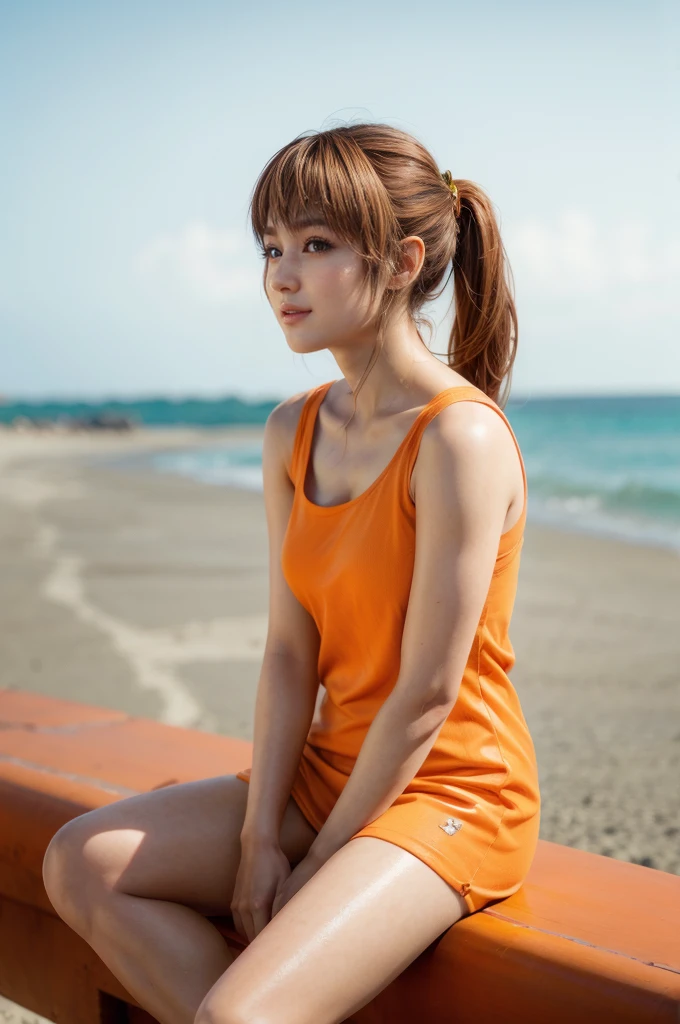 Kasumi, brown eyes, (best quality, ultra-detailed), (realistic:1.37), beautiful and detailed face, ultra-realistic texture, delicate face, delicate body, red lipstick, bright colors. High definition, 8K, well defined legs, cute smilling expression