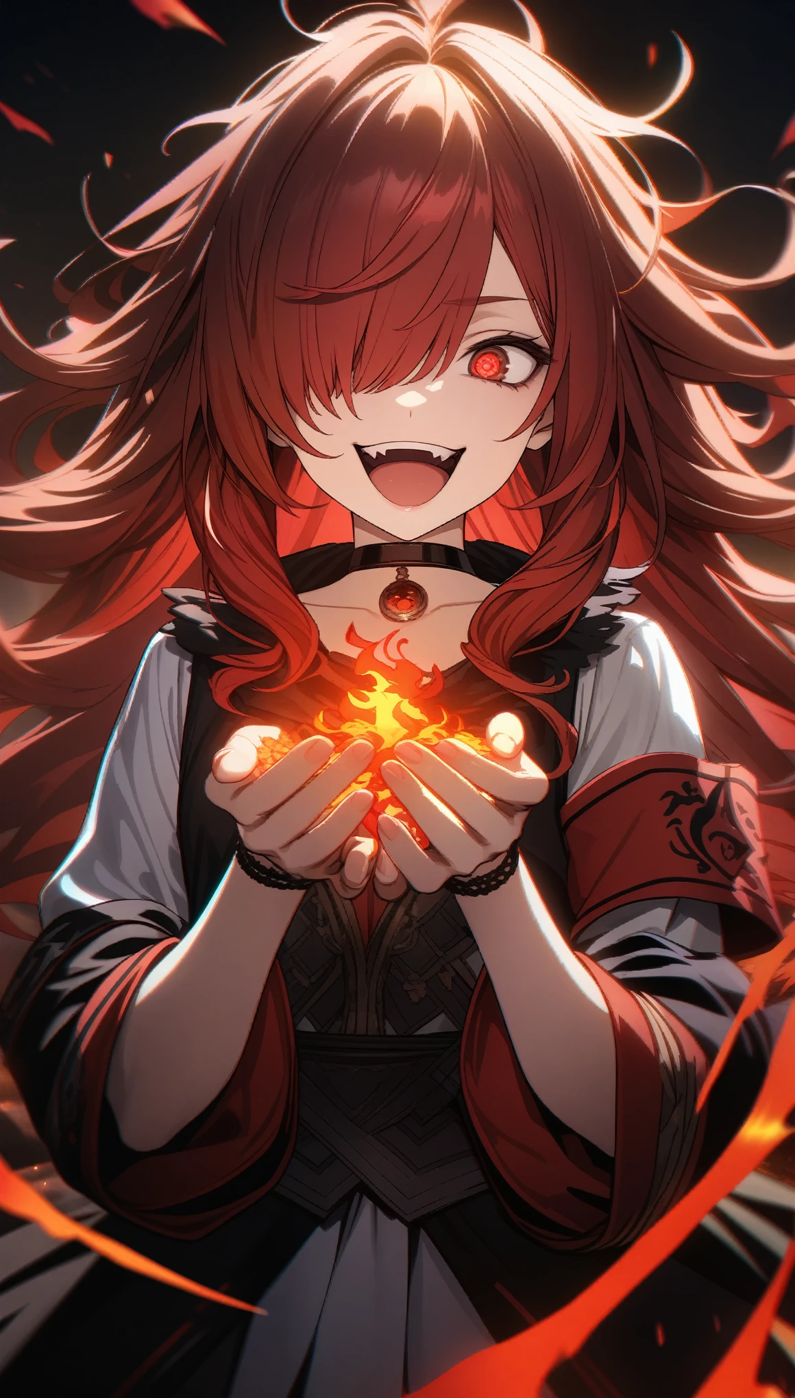 32k, best quality, ultra high res, HDR, UHD, extremely detailed CG, unity 32k wallpaper, highest quality, Intricate details, chromatic aberration, One girl, Long Hair, Red hair, Messy Hair, Red highlights, Hair on one eye, Red eyes, Sharp eyes, choker, Armband,   Laugh eerily, Red flames in my hands, 