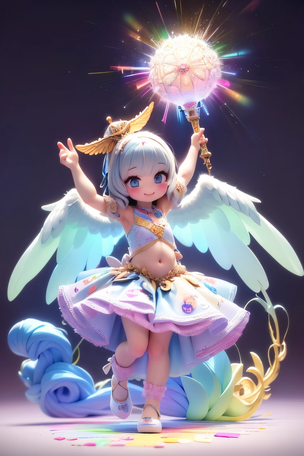 Very detailed,(Fractal Art:1.1),(colorful:1.1)(Flowers:1.3)、 (Dynamic pose), (A bright and shining heaven:1.3)、(Many colors:1.4)、Place the small doll on a circular stand、Cute pose、Laughter、Gray-haired、Chibi Doll、stars are reflected in my eyes(about)、(((Giant Breasted:1.6))),Sing with a microphone、look up、smile、Cute red shoes、Very detailed, Dazzling Light、Bioluminescence、Stronger bokeh effect、Shooting from the side、(((A giant angel halo on his head))),(((With giant angel wings))),giant shinigami scythe:1.4、(((Belly tattoo)),