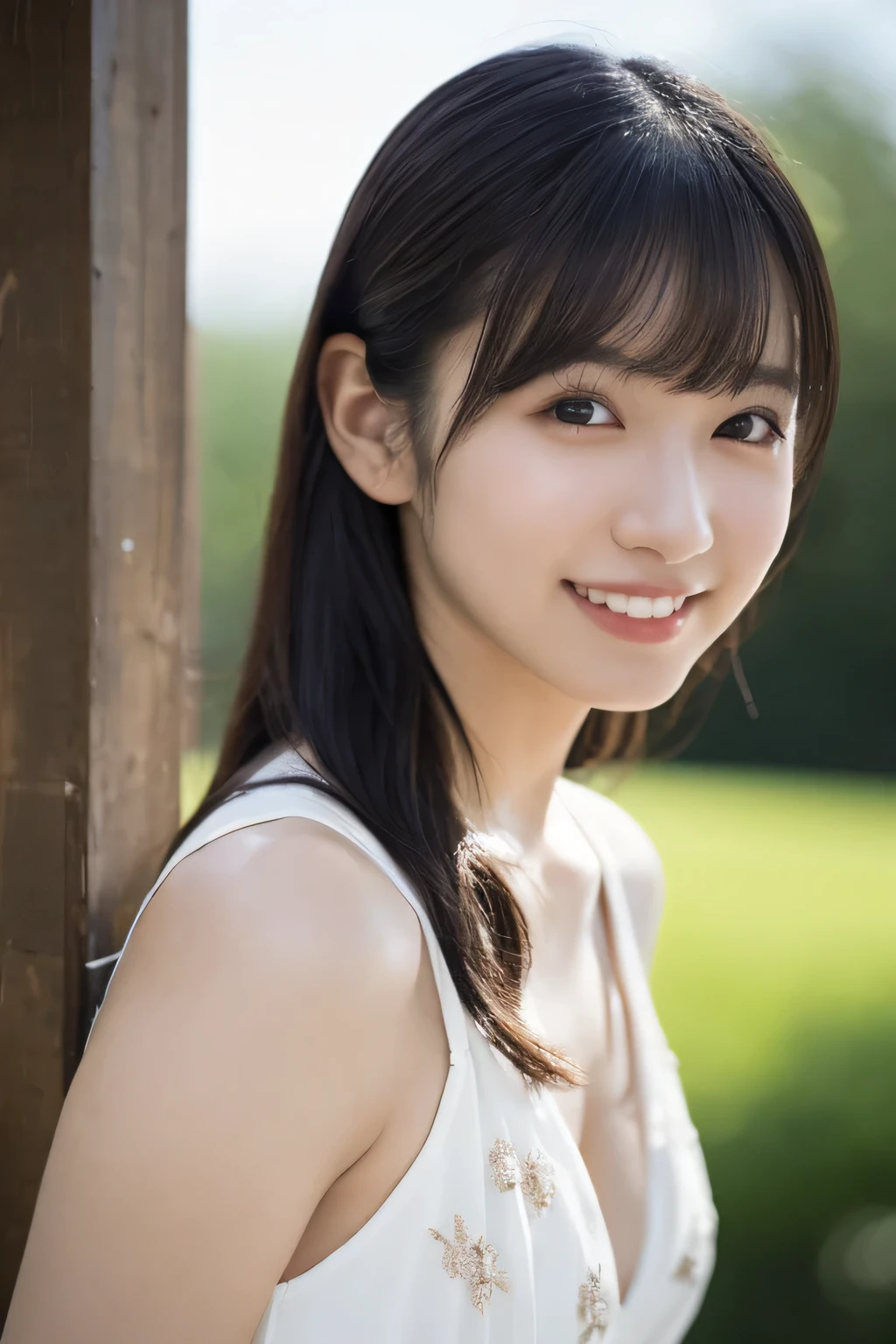 1 girl, (Wear a clean white summer dress:1.2), Very beautiful Japanese idol portraits, 
(RAW Photos, highest quality), (Realistic, Realistic:1.4), (masterpiece), 
Very delicate and beautiful, Very detailed, 2k wallpaper, wonderful, finely, Very detailed CG Unity 8K wallpaper, Very detailed, High resolution, Soft Light, 
Beautiful detailed girl, Very detailed目と顔, Beautiful and sophisticated nose, Finely beautiful eyes, Cinema Lighting, 
(Fashion magazine photography:1.3), (outdoor), (Summer Light),
(Semi-long hair), (Face close-up),
Complete Anatomy, Slender body, Small breasts, (smile)