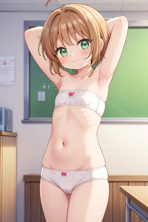 classroom,1girl, kinomoto sakura, solo,white panties,white strapless bra, green eyes, pussy, brown hair, , short hair, navel flat chest,blush,,antenna hair,closed mouth,,looking at viewer,,smile,arms behind head,pussy,armpits