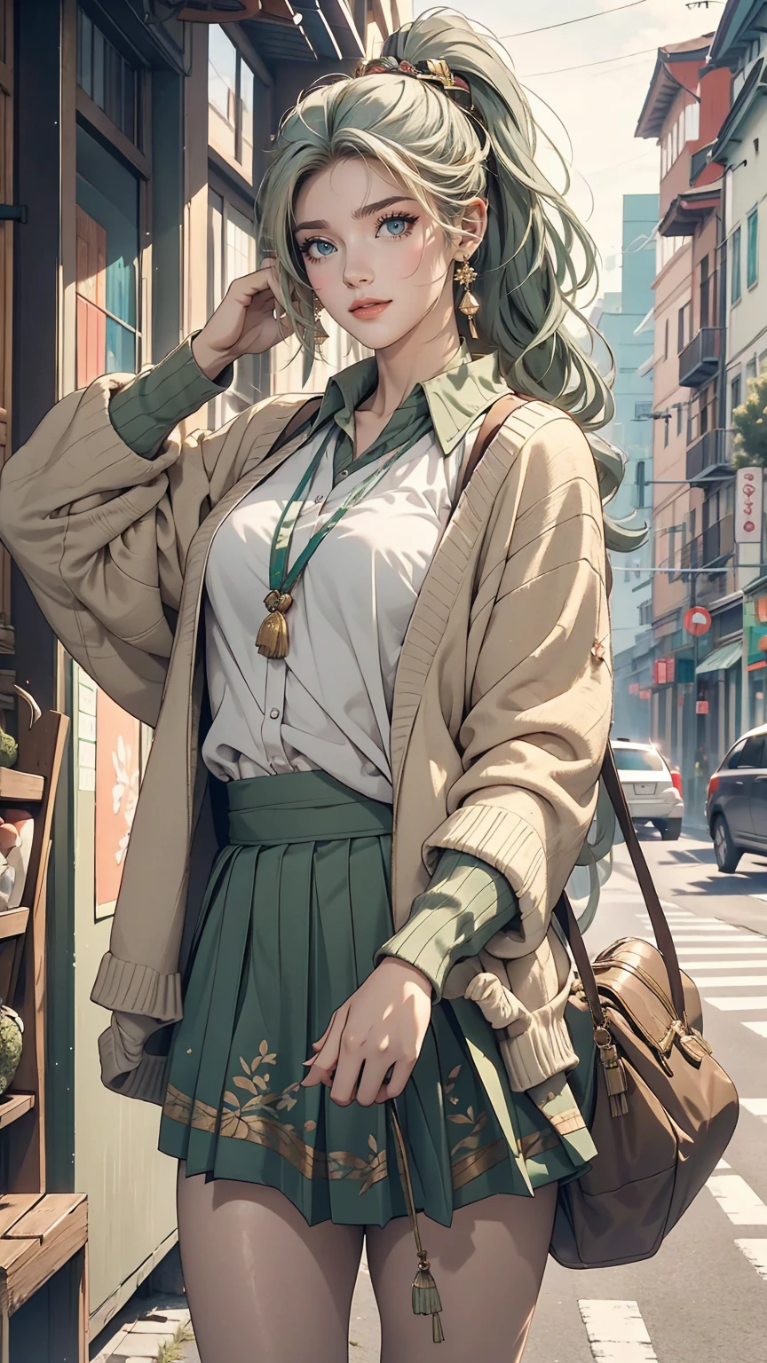masterpiece , highest quality,Nahida(Genshin Impact) ,One girl , Small breasts,Long Hair ,Side Ponytail, hair ornaments , Gray Hair , Green Hair , Place your hands behind your head:1.5,Multicolored Hair, Fairy , Pointed Ears , , skirt ,cardigan,road , street,Looking at the audience