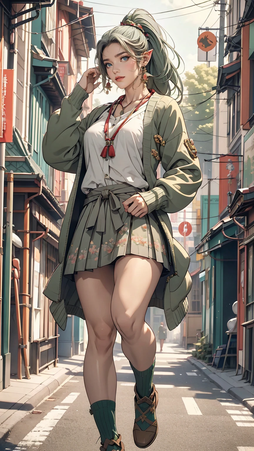 masterpiece , highest quality,Nahida(Genshin Impact) ,One girl , Small breasts,Long Hair ,Side Ponytail, hair ornaments , Gray Hair , Green Hair , Place your hands behind your head:1.5,Multicolored Hair, Fairy , Pointed Ears , , skirt ,cardigan,road , street,Looking at the audience