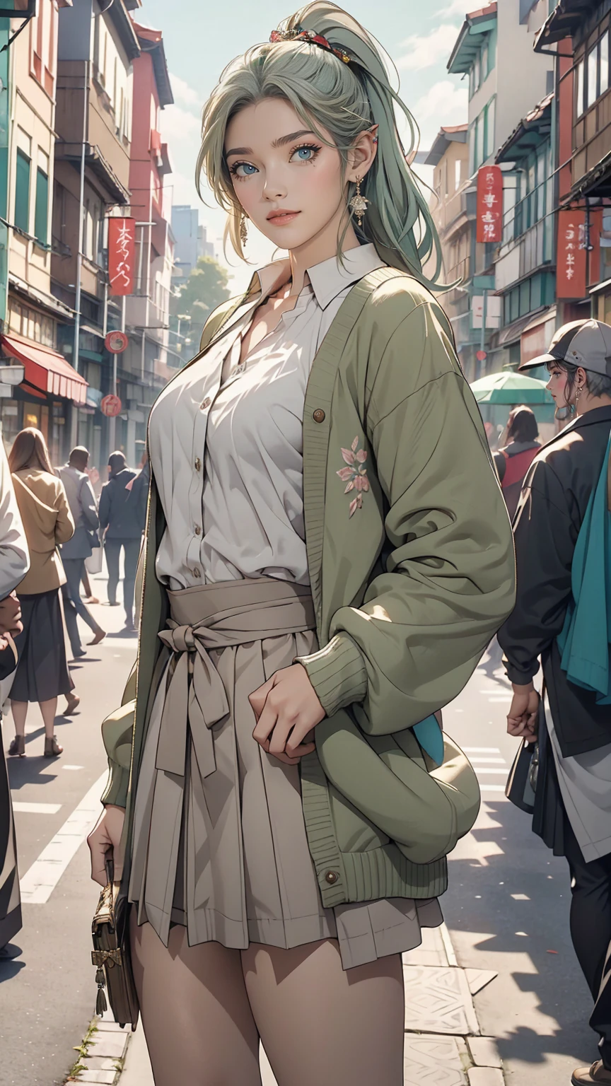 masterpiece , highest quality,Nahida(Genshin Impact) ,One girl , Small breasts,Long Hair ,Side Ponytail, hair ornaments , Gray Hair , Green Hair , Place your hands behind your head:1.5,Multicolored Hair, Fairy , Pointed Ears ,  , skirt ,cardigan,road , street,Looking at the audience