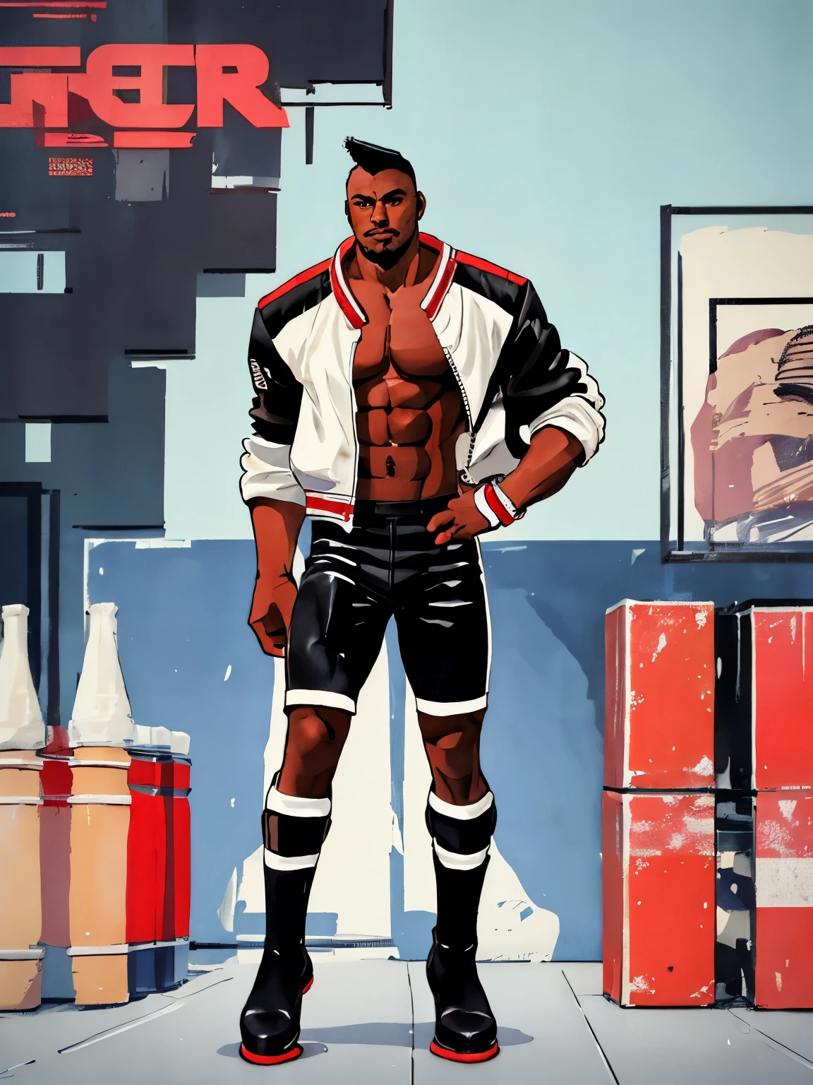 One boy, kofheavyd, solo, smile, short hair, black hair, jacket, full body, male focus, boots, outdoors, open clothes, dark skin, open jacket, tree, black jacket, muscular, facial hair, black shorts, abs, dark-skinned male, thick eyebrows, pectorals, muscular male, bara, large pectorals, mature male, tight, manly, leather, undercut, Pop Art, Brilliant, Use of color, Bold composition, modern, fashion, Andy Warhol, Iconic, contrast, graphical, Silkscreen, colorful, flashy, Retro, vintage, Comic Book Style, Geometric pattern, culture, ポップculture, stand out, Charm, Impact, stylish, Modern Art, Hero Image, pattern, Pop Background, repetition, Art Scene, Flat Color, High chroma