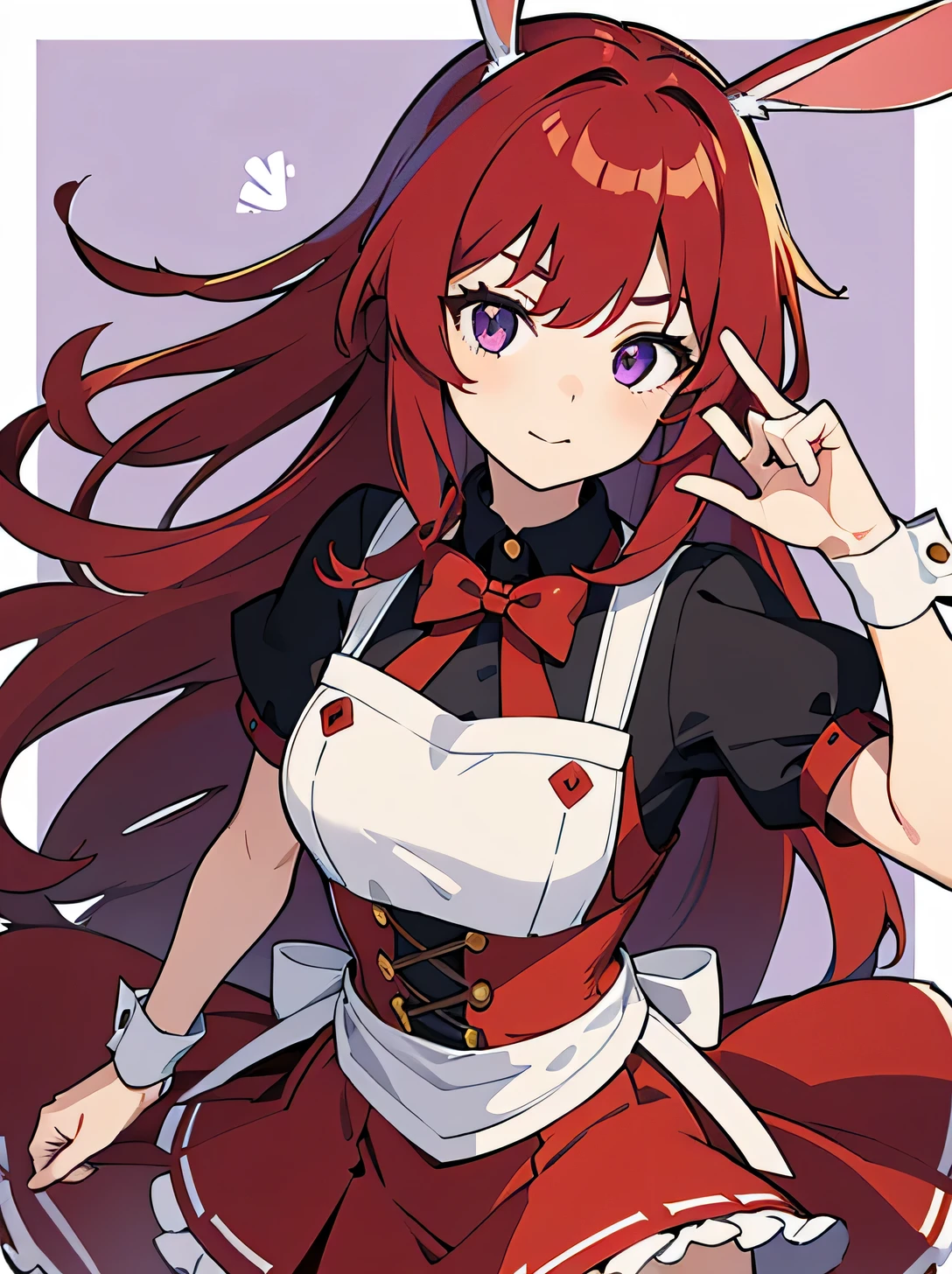 Outrageous, Best Quality, 1girl, solo, red hair, purple eyes, long hair, big, ahBunny, bunny ears, red corset, gakuran, aprons, red neck ribbons, red skirt, hair bow, short sleeves, wrist cuffs, white thighs, jingle bells