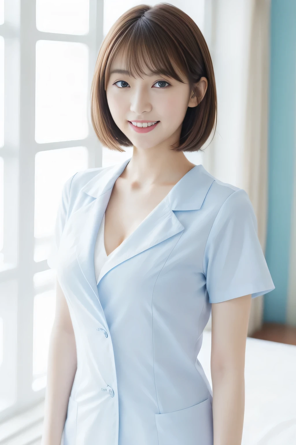 highest quality、8k wallpaper、Reality:1.4、Cinema Lighting、View your viewers、background:An all-white room、1 beautiful girl、Japanese Idol、18 years old、Beautifully detailed eyes、Detailed face、Beautiful Skin、Slender、Slim waist、Thin legs、Red lipstick、Fancy hairstyle:1.8、Random hair color、Light Hair、Asymmetrical bangs、Japanese nurse outfit、Light blue nurse uniform、smile:1.5、Seductive pose、Large Breasts:2.0、Slim Body:1.5、