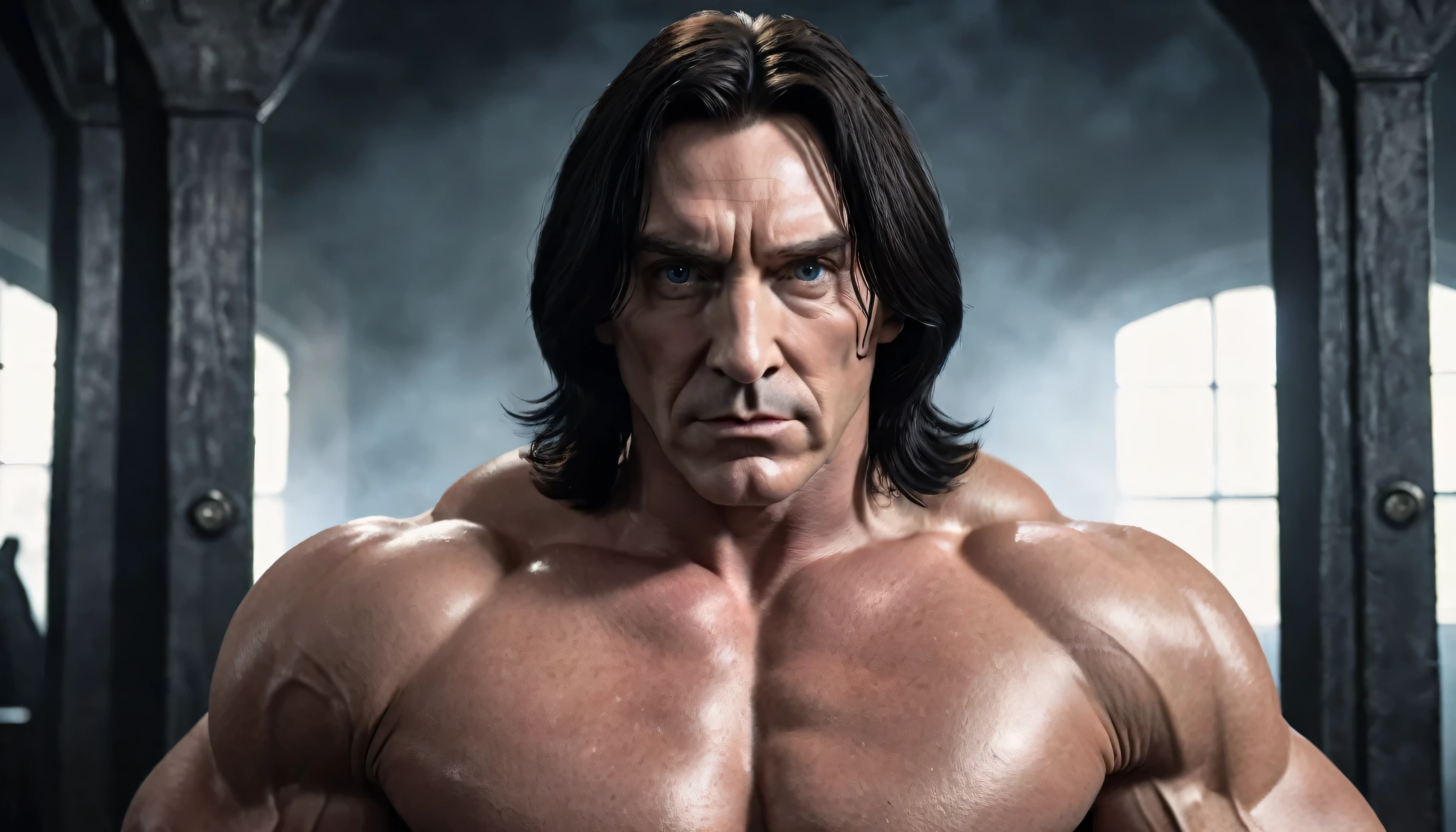 Very Handsome Professor Severus Snape with a really big chiseled jawline, slim nose, hunter eyes, he have a really big muscle visible, he is bodybuilder, is looking straight with a angry look inside his magic academy, Ultra realistic, he is posing for a photoshoot