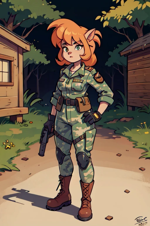 a girl, best quality, 8k, extremely detailed, photorealistic, studio lighting, physically-based rendering, high quality, detailed camouflage jacket, tactical gloves, camouflage pants, military boots, furry, portrait