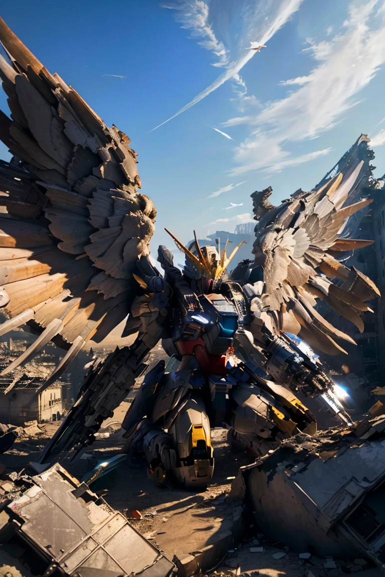 ((masterpiece, highest quality, Highest image quality, High resolution, photorealistic, Raw photo, 8K)), ((Extremely detailed CG unified 8k wallpaper)), Wing gundam zero, They spread their wings and soar over the ruined city,