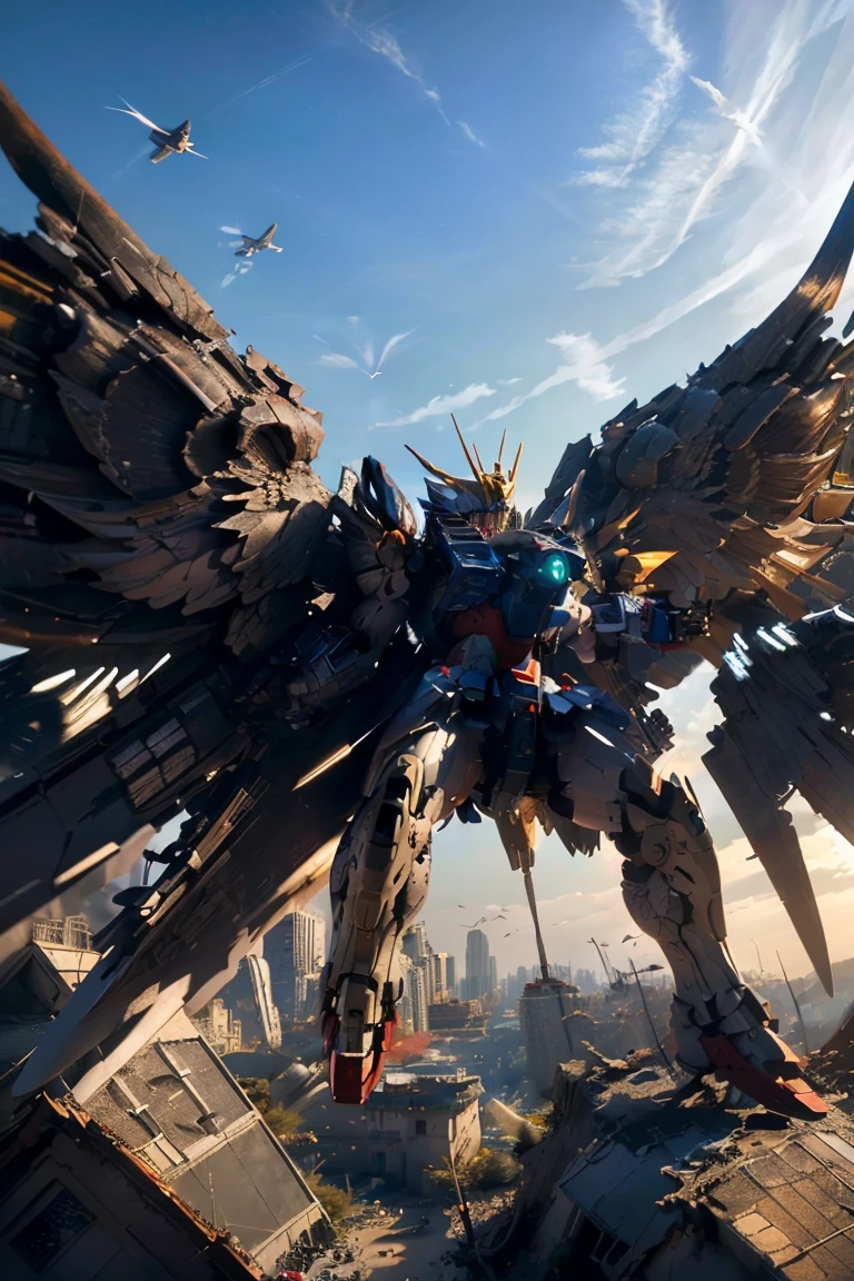 ((masterpiece, highest quality, Highest image quality, High resolution, photorealistic, Raw photo, 8K)), ((Extremely detailed CG unified 8k wallpaper)), Wing gundam zero, They spread their wings and soar over the ruined city,