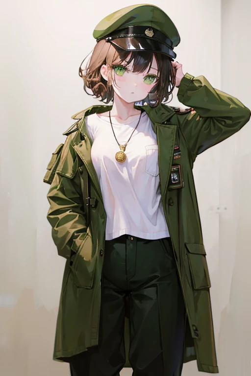 1.woman.A loose khaki jacket.Loose-fitting military trousers.Black Military Boots.whole body.(White background).Short brown curly hair.Sleepy eyes.Put one hand in your pocket.Standing in a languid position.Around his neck he wears a round pendant with a medallion the size of a coaster hanging from it..Eye color is bright green.Wearing a loose military cap