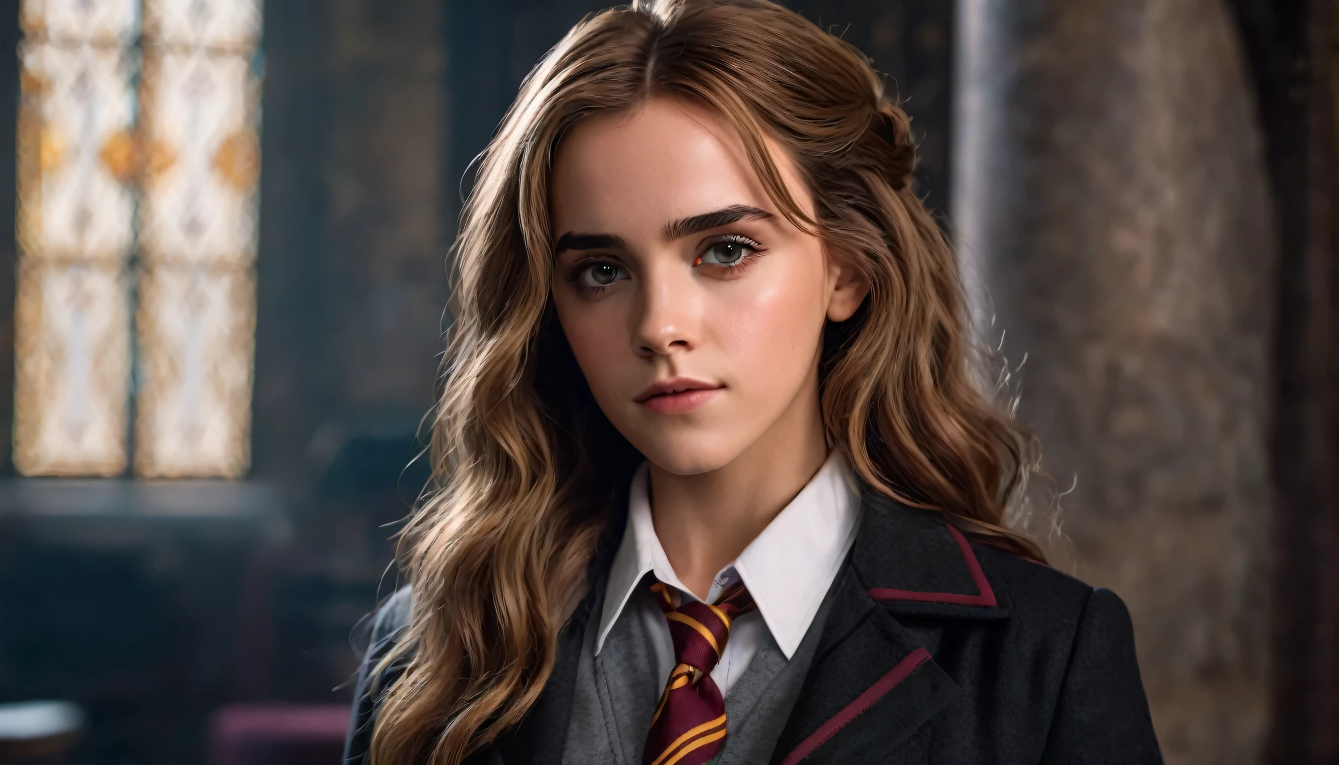 Very beautiful and pretty Hermione Granger with a really chiseled jawline is looking straight with a sigma look on her face, slim nose, beautiful eyes, and hair, very hot body, she is inside his magic academy, Ultra realistic, she is wearing a very fashionable clothes, she is posing for a photoshoot