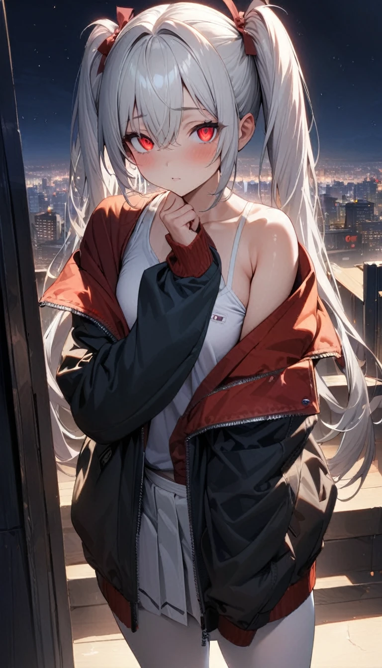 a handsome girl, 20 years old, red eyes, twintails hair, white hair, standing, off shoulder, jacket, white tights, masterpiece, best quality, ultra detailed, detailed eyes, cute eyes, slanted eyes, night sky