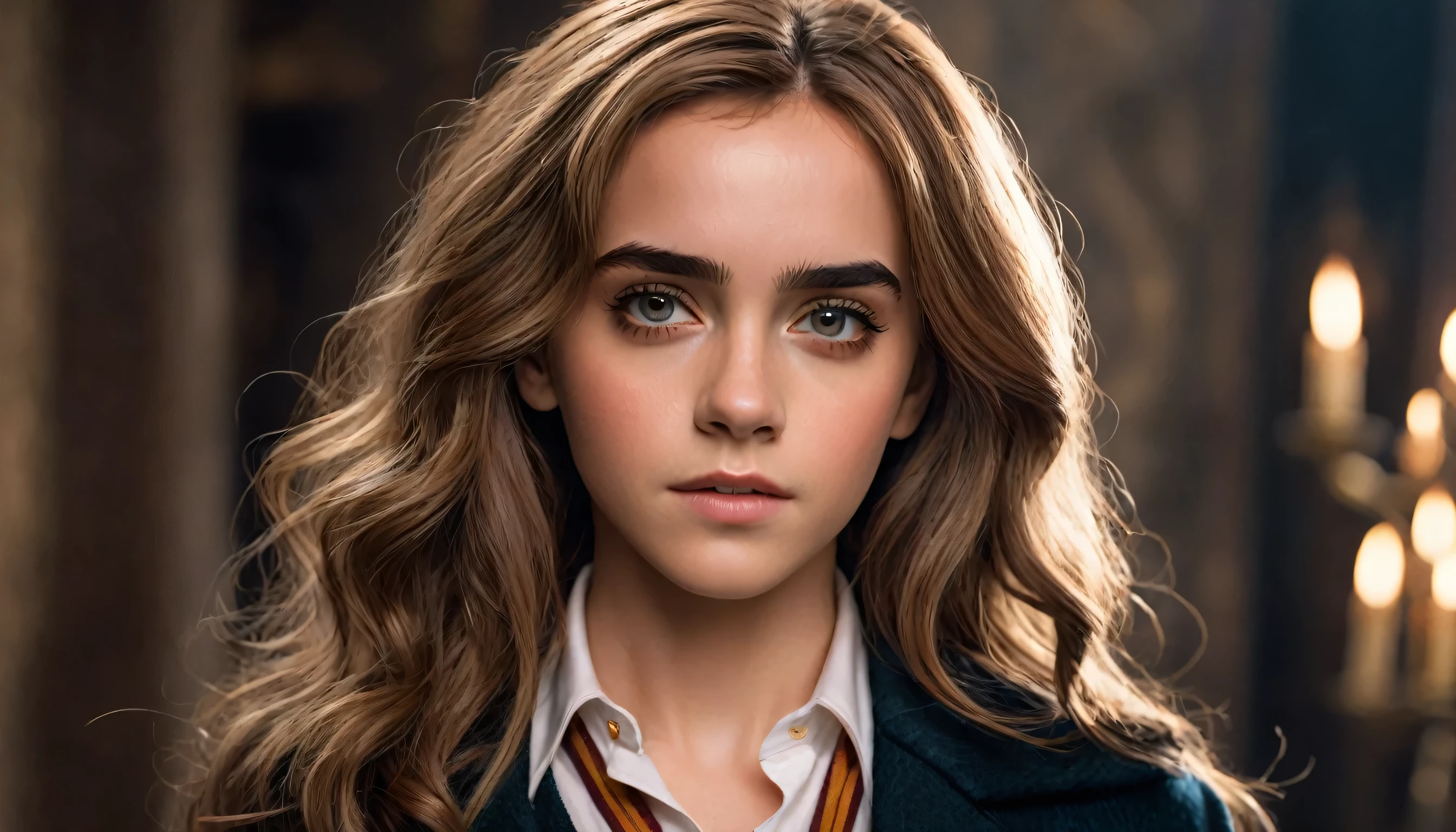 Very beautiful and pretty Hermione Granger with a really chiseled jawline is looking straight with a sigma look on her face, slim nose, beautiful eyes, and hair, very hot body, she is inside his magic academy, Ultra realistic, she is wearing a very fashionable clothes, she is posing for a photoshoot