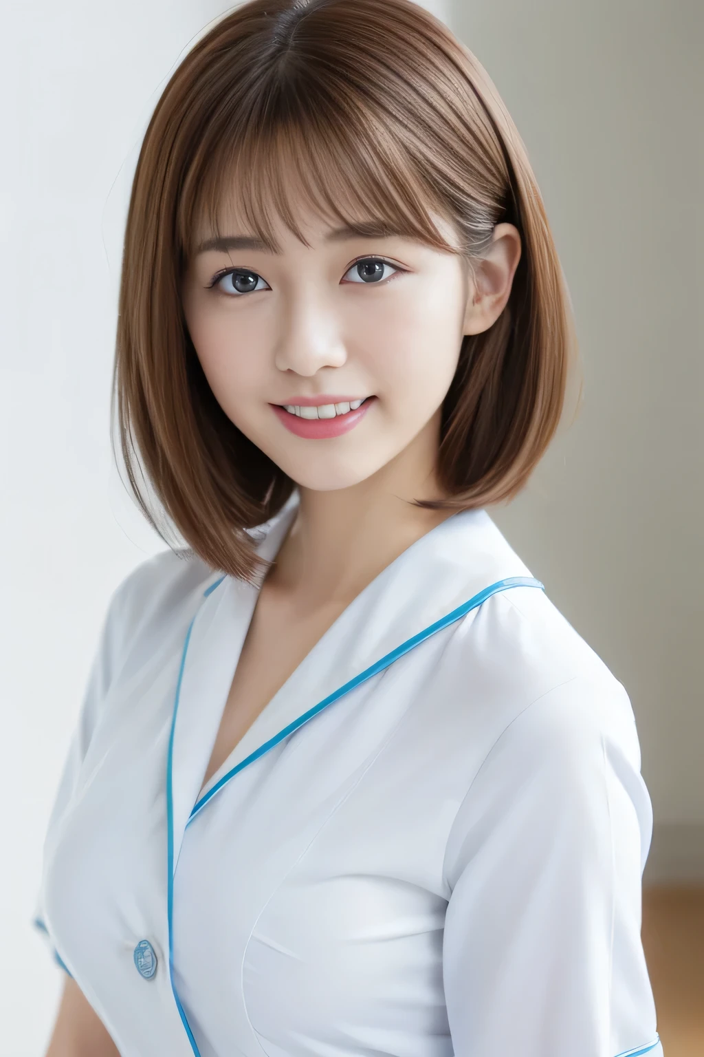 highest quality、8k wallpaper、Reality:1.4、Cinema Lighting、View your viewers、background:An all-white room、1 beautiful girl、Japanese Idol、18 years old、Beautifully detailed eyes、Detailed face、Beautiful Skin、Slender、Slim waist、Thin legs、Red lipstick、Fancy hairstyle:1.8、Random hair color、Light Hair、Asymmetrical bangs、Japanese nurse outfit、Light blue nurse uniform、smile:1.5、Seductive pose、Large Breasts:2.0、Slim Body:1.5、