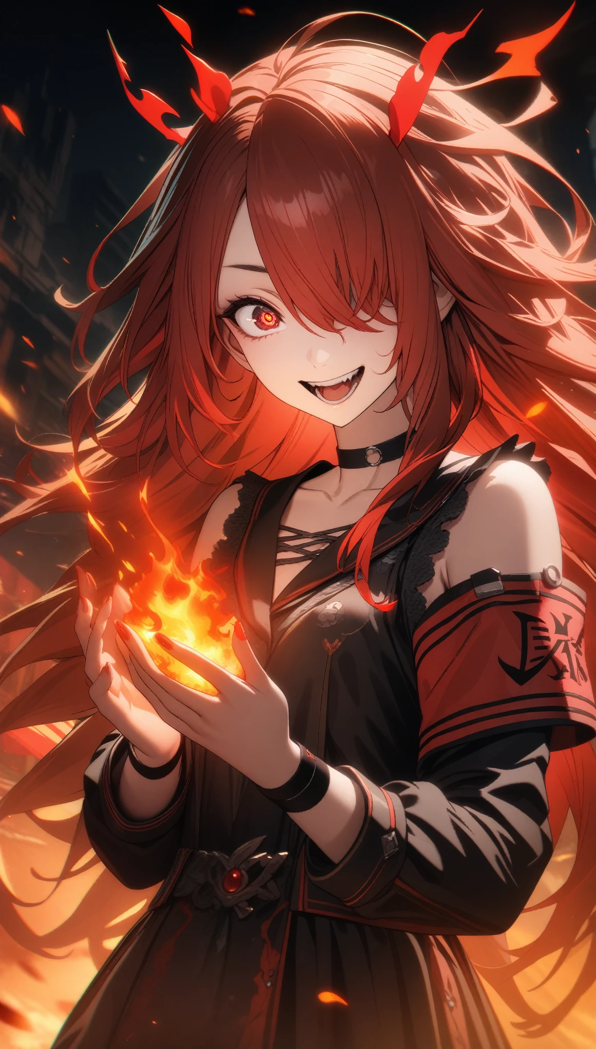 32k, best quality, ultra high res, HDR, UHD, extremely detailed CG, unity 32k wallpaper, highest quality, Intricate details, chromatic aberration, One girl, Long Hair, Red hair, Messy Hair, Red highlights, Hair on one eye, Red eyes, Sharp eyes, choker, Armband, Laugh eerily, Red flames in my hands,