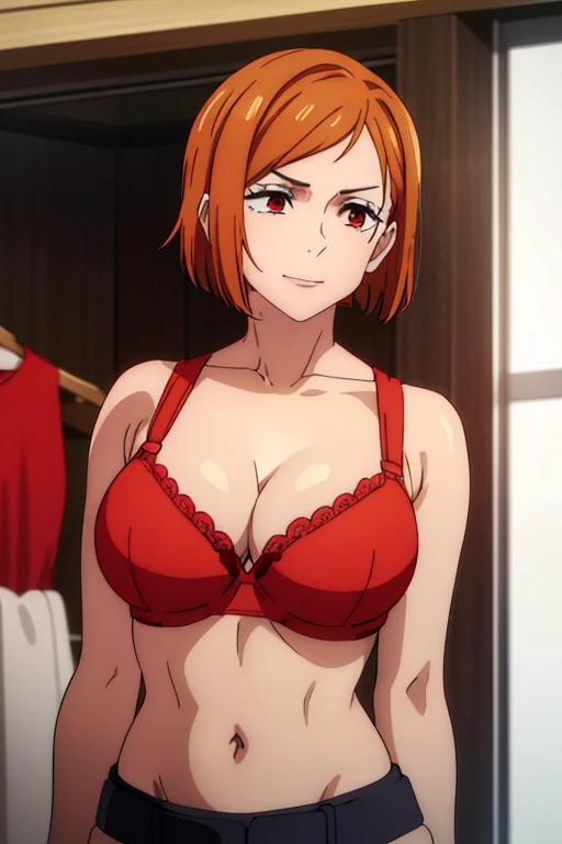 (Best Quality, masterpiece, High resolution, anime screen cap, anime colours), Orange hair, Nobara Kugisaki, Smile:1.3, (large full breasts:1.5), cleavage, (Thin fabric, Red Bra:1.8, no-bra:1.5), Slimed, Leaning forward, Upper body, Change room, (Perfect Anatomy, perfect detailed body, Eyes and hair in beautiful detail, Beautiful breasts and skin), armpits, armpits visible,