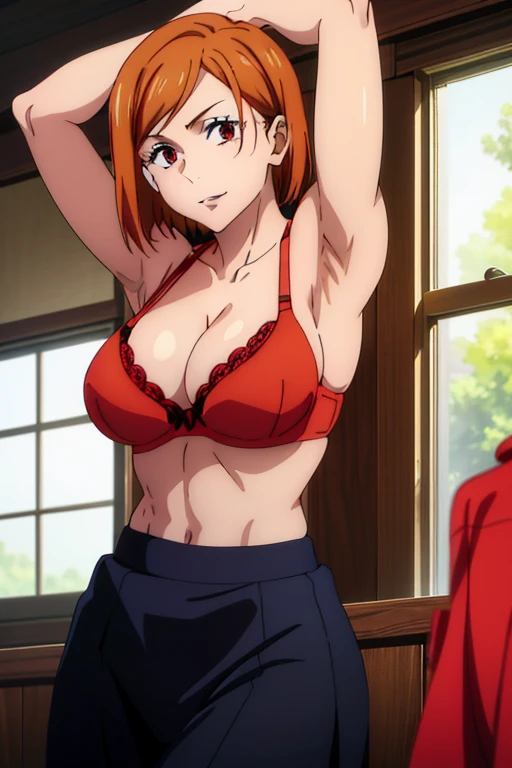 (Best Quality, masterpiece, High resolution, anime screen cap, anime colours), Orange hair, Nobara Kugisaki, Smile:1.3, (large full breasts:1.5), cleavage, (Thin fabric, Red Bra:1.8, no-bra:1.5), Slimed, Leaning forward, Upper body, Change room, (Perfect Anatomy, perfect detailed body, Eyes and hair in beautiful detail, Beautiful breasts and skin), armpits, armpits visible,