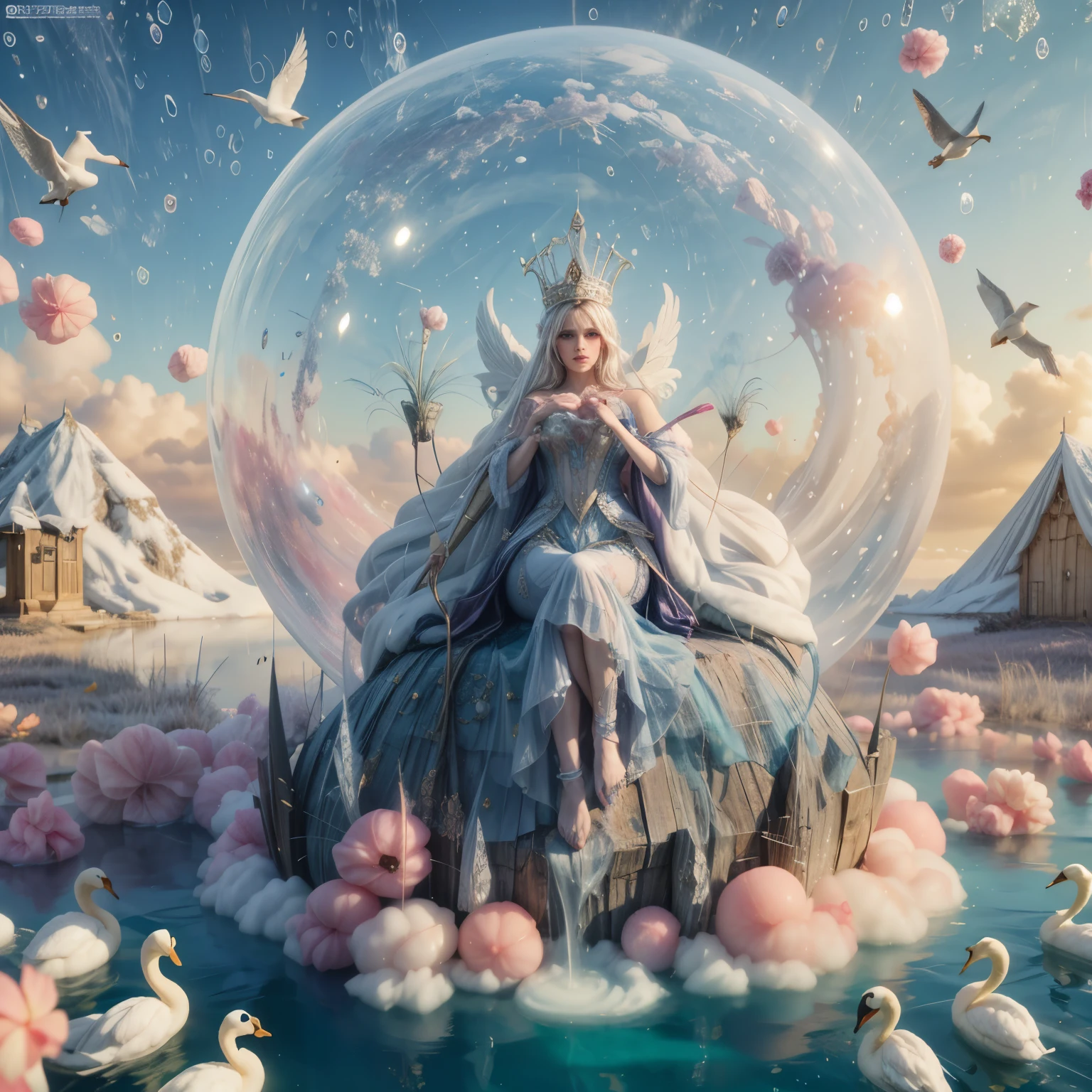 Cotton Candy Queen Women Goddess 8k Resolution Rendered Hyper Realistic Intricate Detail lives in an frosty ice bubble, a fanciful place filled with castles, cotton candy, swans lakes and fluffy clouds, An intricate visual representation of computer programing, rendered in 24k resolution with intricate details and symbols.