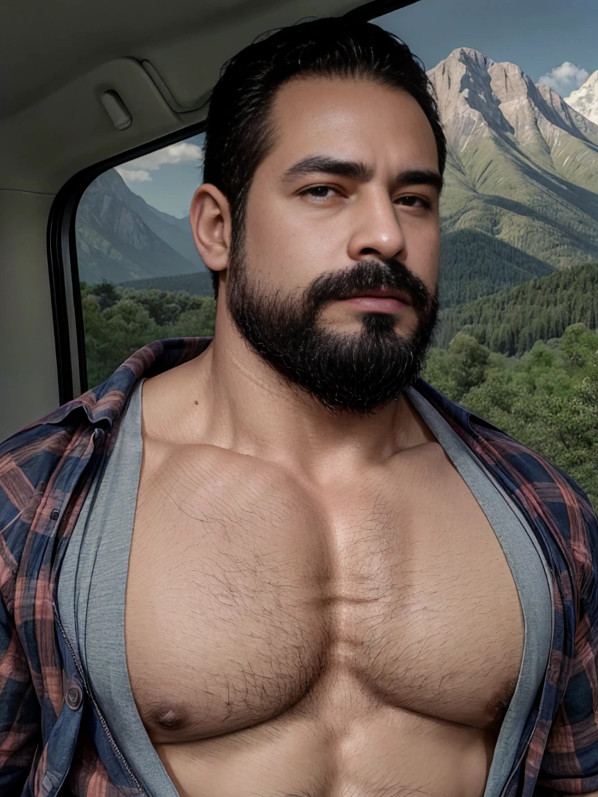 masterpiece, best quality, high resolution, Close-up portrait, (1 Chico:1.4) a man in a lumberjack suit, muscular, (Matching shirt: 1.2) male焦点, alone focus, Tanned skin, 38歲male, muscular,Swelling of chest muscles,Long nipples, strong, hairy, male, (Topless: 1.2), A mountain in the background, In heavy traffic、heavily polluted city, amazing composition, Front view, HDR, Volumetric Lighting, (Plano General, From the front:1.2) (GS-Macho :1.5) (magnificent scenery:1.2)