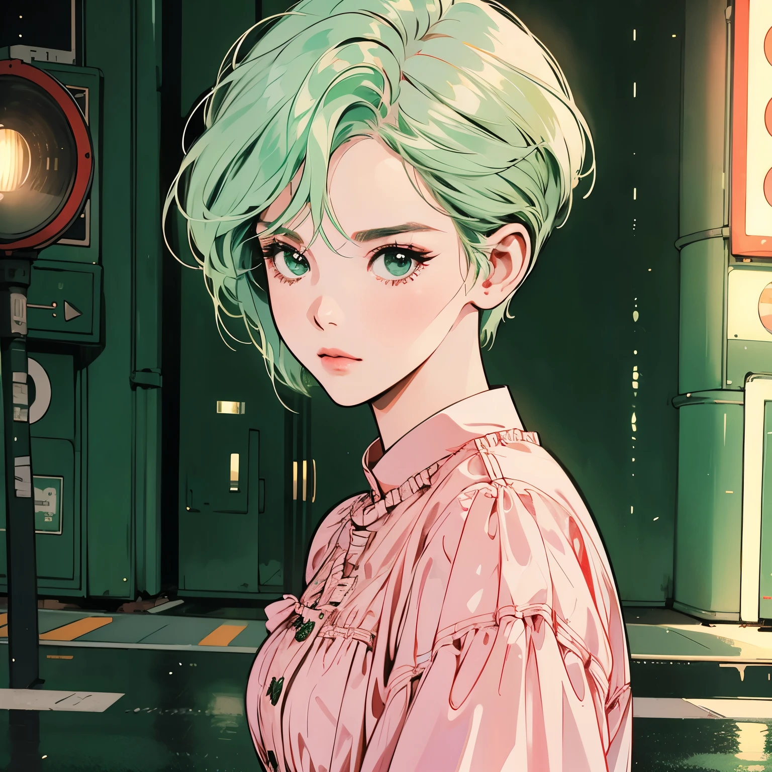 whole body、Kind Face、1 pretty woman、4k、Pattern、blouse、pedestrian crossing、Signal 、intersection、Complex background、Detailed Hair、Pale green hair、Faint lighting、Short Hair、An honest and strong gaze