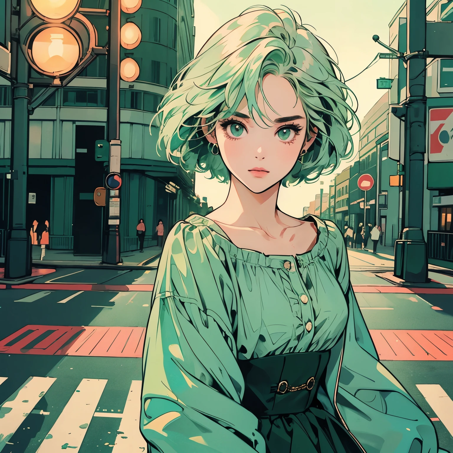 whole body、Kind Face、1 pretty woman、4k、Pattern、blouse、pedestrian crossing、Signal 、intersection、Complex background、Detailed Hair、Pale green hair、Faint lighting、short hair length、A beautiful and strong gaze