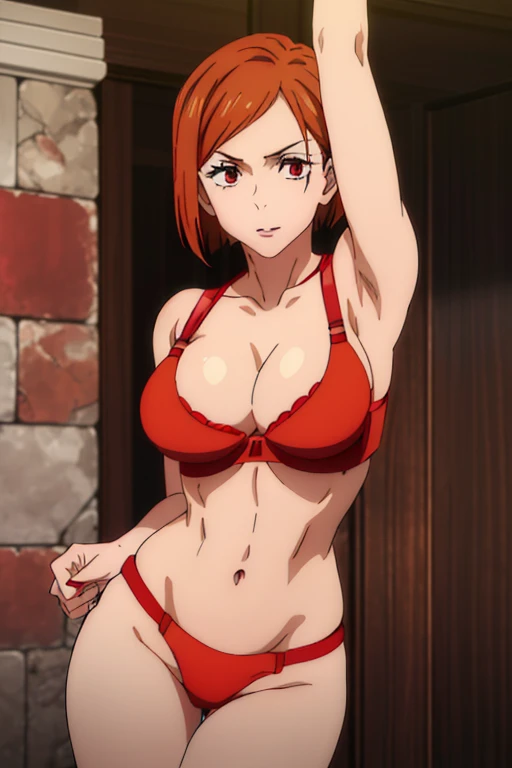 (Best Quality, masterpiece, High resolution, anime screen cap, anime colours), Orange hair, Nobara Kugisaki, Smile:1.3, (large full breasts:1.5), cleavage, (Thin fabric, Red Bra:1.8, no-bra:1.5, Red Underware:1.8), Slimed, Leaning forward, Upper body, Change room, (Perfect Anatomy, perfect detailed body, Eyes and hair in beautiful detail, Beautiful breasts and skin), armpits, armpits visible,