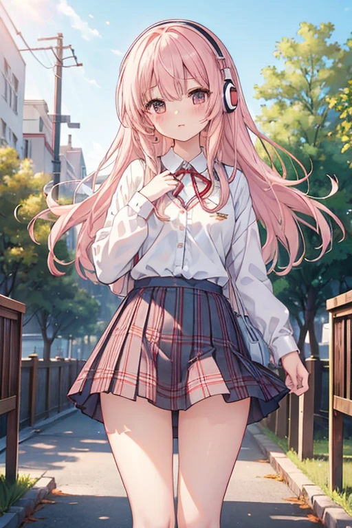 (8k、highest quality、masterpiece:1.2)、Illustration touch、Ultra-detailed、Super A High Resolution、Sunny day in the park、Light pink hair、long hair、Headphones、One woman in uniform、clear、High 、White long sleeve shirt、small red ribbon on the chest、The blouse is all buttoned、Red tartan check skirt、赤タータンチェックmini skirt、mini skirt、White Pantyhose、Delicate limbs、Inner thighs、Grab the hem of your skirt、Skirts that turn over in strong winds、White panties、(School uniform:1.4)、Blushing and embarrassed expression