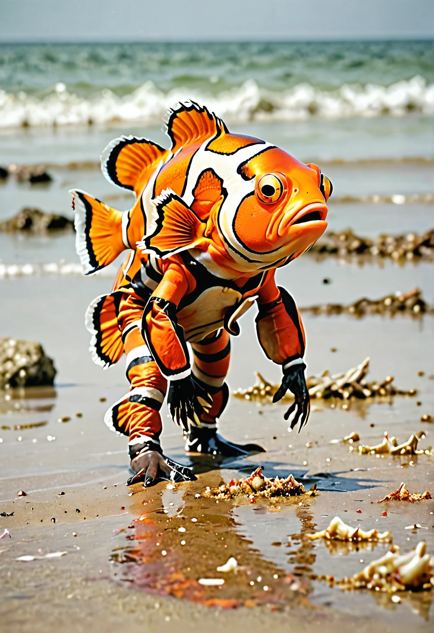 Photo of a clown fish with four human-like legs and a human-like nose foraging for food on the beach，Close shot ，50mm lens，，Low profile