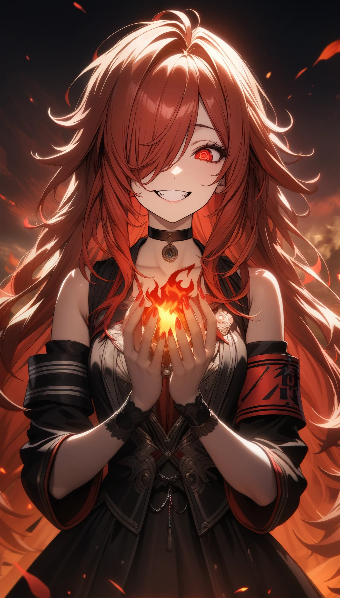 32k, best quality, ultra high res, HDR, UHD, extremely detailed CG, unity 32k wallpaper, highest quality, Intricate details, chromatic aberration, One girl, Long Hair, Red hair, Messy Hair, Red highlights, Hair on one eye, Red eyes, Sharp eyes, choker, Armband, Laugh eerily, Red flames in my hands,