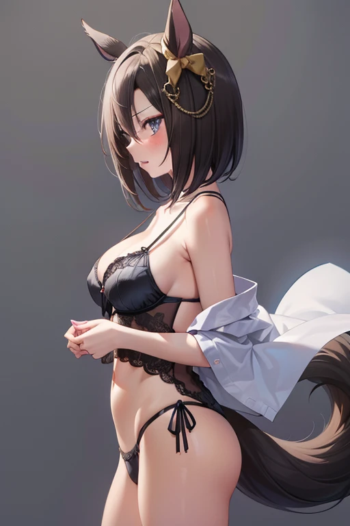 air groove \(umamusume\)、wearing a sexy lingerie, {best quality}, {very aesthetic}, {ultra-detailed}, {best illustration}, nsfw, 1girl, 1man, sex, standing doggy, from side