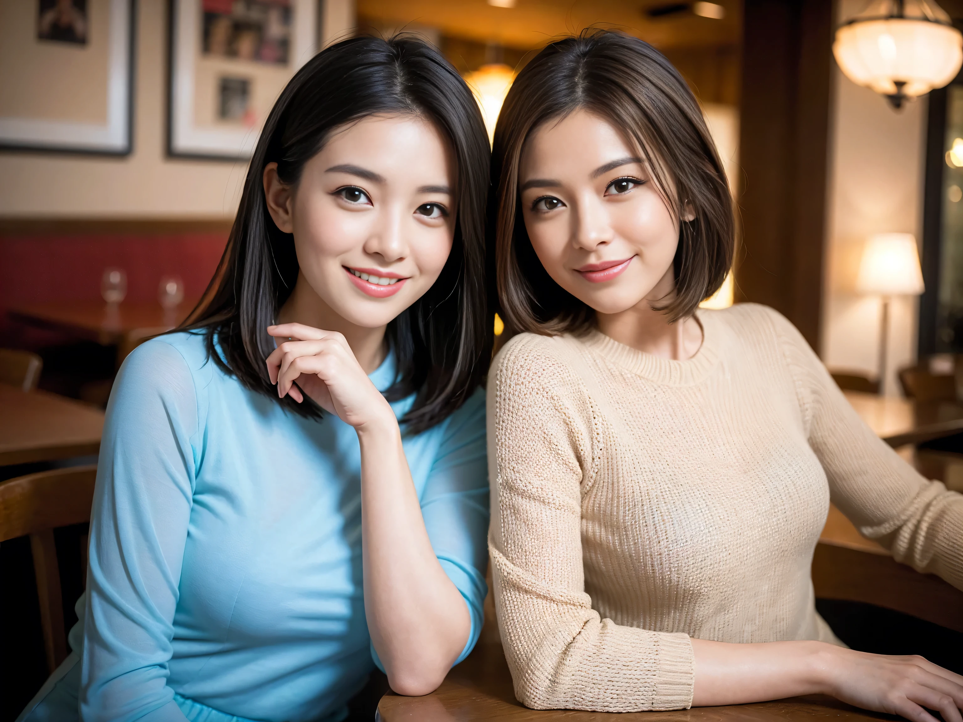 ((highest quality、8k、masterpiece:1.3))、1 male、1 female、Couple、Spouse、Satomi Ishihara-like beautiful couple、The body is slim、((Bob Hale、Straight hair:1.2)), (Realistic, Intricate details:1.2), Wine glass on the table、Shine light on your face、 Amazing view of the sunset sky and clouds、Amazing mountain views、A bright smile、The wonderfulness of smile、Bright image、The beauty of wine, Beautiful Face, blue eyes, The light shines on your face, Blushing, short hair,Bright Face、 (Age 35), 39 years old, red wine 、Appetizers、Italian food、Wine bottle、Champagne、sparkling wine、Two beauties、Brown Hair、Shortcuts、Long sleeve shirt、dress、Pretty Woman 1, (Slim face), (The body is slim), (Brown Hair), (Shortcuts), cheeks turn a little red,Attractive beauty、restaurant, In a prominent place (From the waist up) Nova Frog Style, actress, model, Upper Body, White wine, slim, wine glass, A wine glass placed in the center, smile, (smile: 1.15), Beautiful fine grain, Depth f/2,saturation, High Contrast, Strong light and shadow,Moist Body:1.5、3D texture、Delicate eyes、Brown Hair、The hair is very shiny、