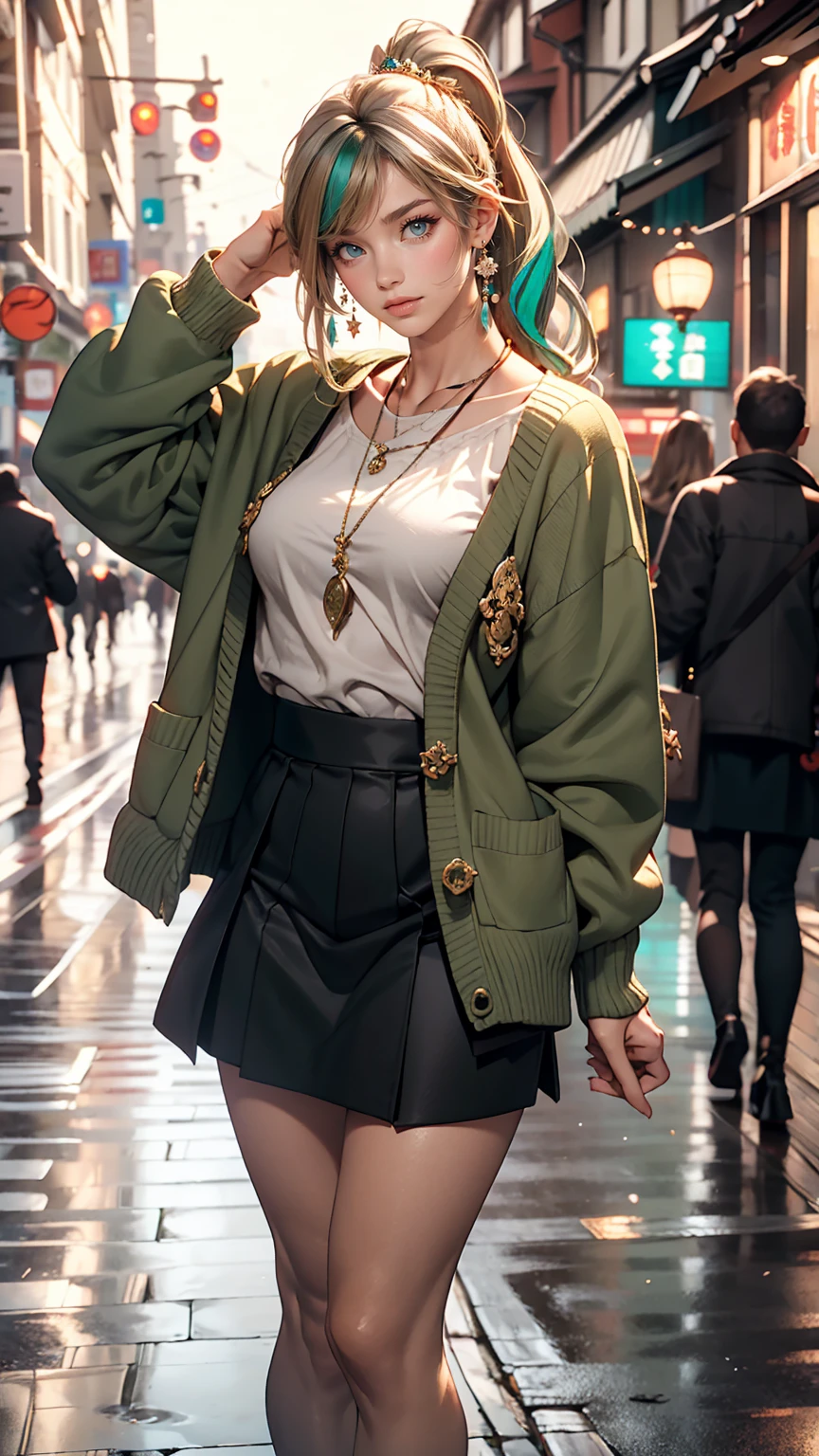 masterpiece , highest quality,Nahida(Genshin Impact) ,One girl , Small breasts,Long Hair ,Side Ponytail, hair ornaments , Gray Hair , Green Hair , Place your hands behind your head:1.5,Multicolored Hair, Fairy , Pointed Ears ,  , skirt ,cardigan,road , street,Looking at the audience