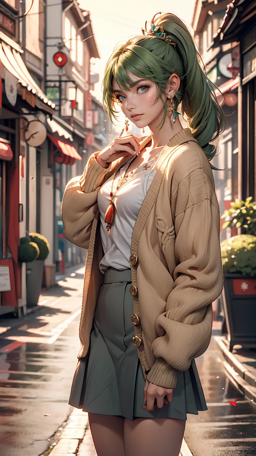 masterpiece , highest quality,Nahida(Genshin Impact) ,One girl , Small breasts,Long Hair ,Side Ponytail, hair ornaments , Gray Hair , Green Hair , Place your hands behind your head:1.5,Multicolored Hair, Fairy , Pointed Ears ,  , skirt ,cardigan,road , street,Looking at the audience