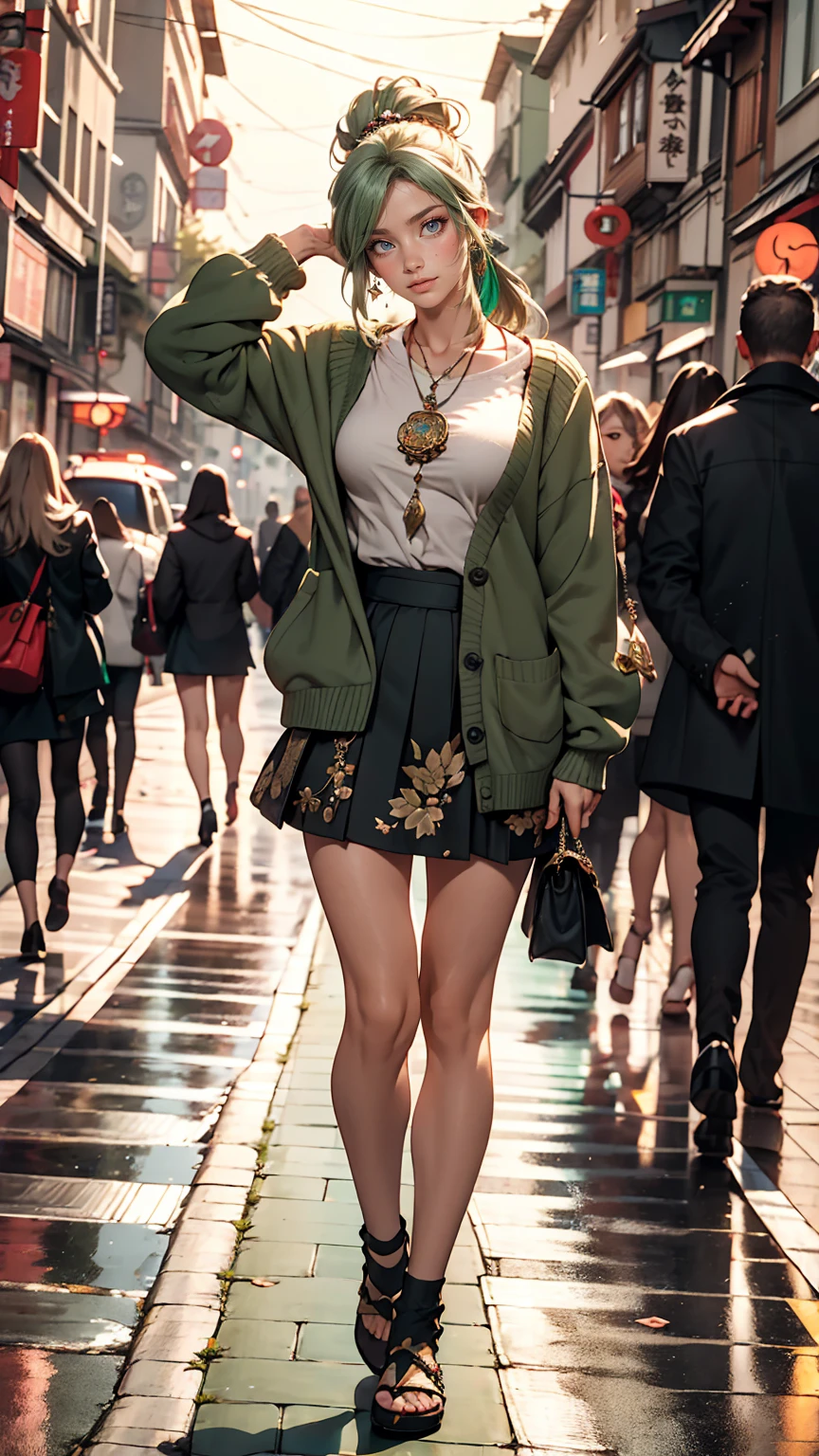masterpiece , highest quality,Nahida(Genshin Impact) ,One girl , Small breasts,Long Hair ,Side Ponytail, hair ornaments , Gray Hair , Green Hair , Place your hands behind your head:1.5,Multicolored Hair, Fairy , Pointed Ears , , skirt ,cardigan,road , street,Looking at the audience