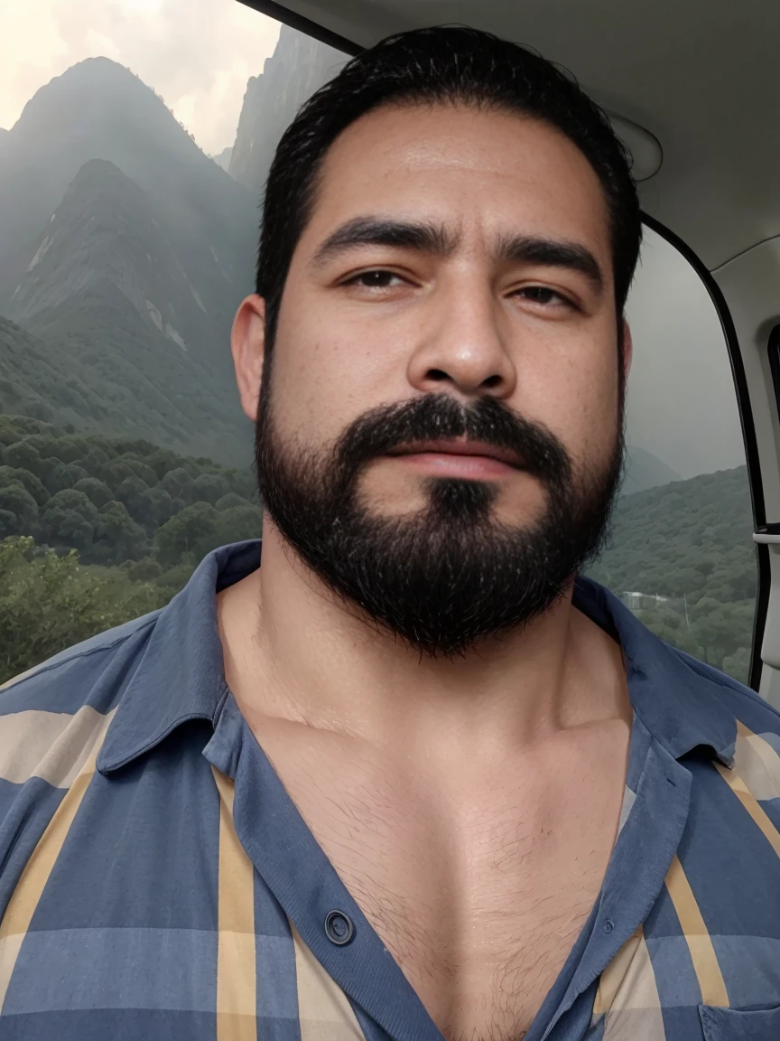 Ultra wide angle,masterpiece, best quality, high resolution, Close-up portrait, (1 Chico:1.4) a man in a lumberjack suit, muscular, (Matching shirt: 1.2) male焦点, alone focus, Tanned skin, 38歲male, muscular,Swelling of chest muscles,Long nipples, strong, hairy, male, (Topless: 1.2), A mountain in the background, In heavy traffic、heavily polluted city, amazing composition, Front view, HDR, Volumetric Lighting, (Plano General, From the front:1.2) (GS-Macho :1.5) (magnificent scenery:1.2)