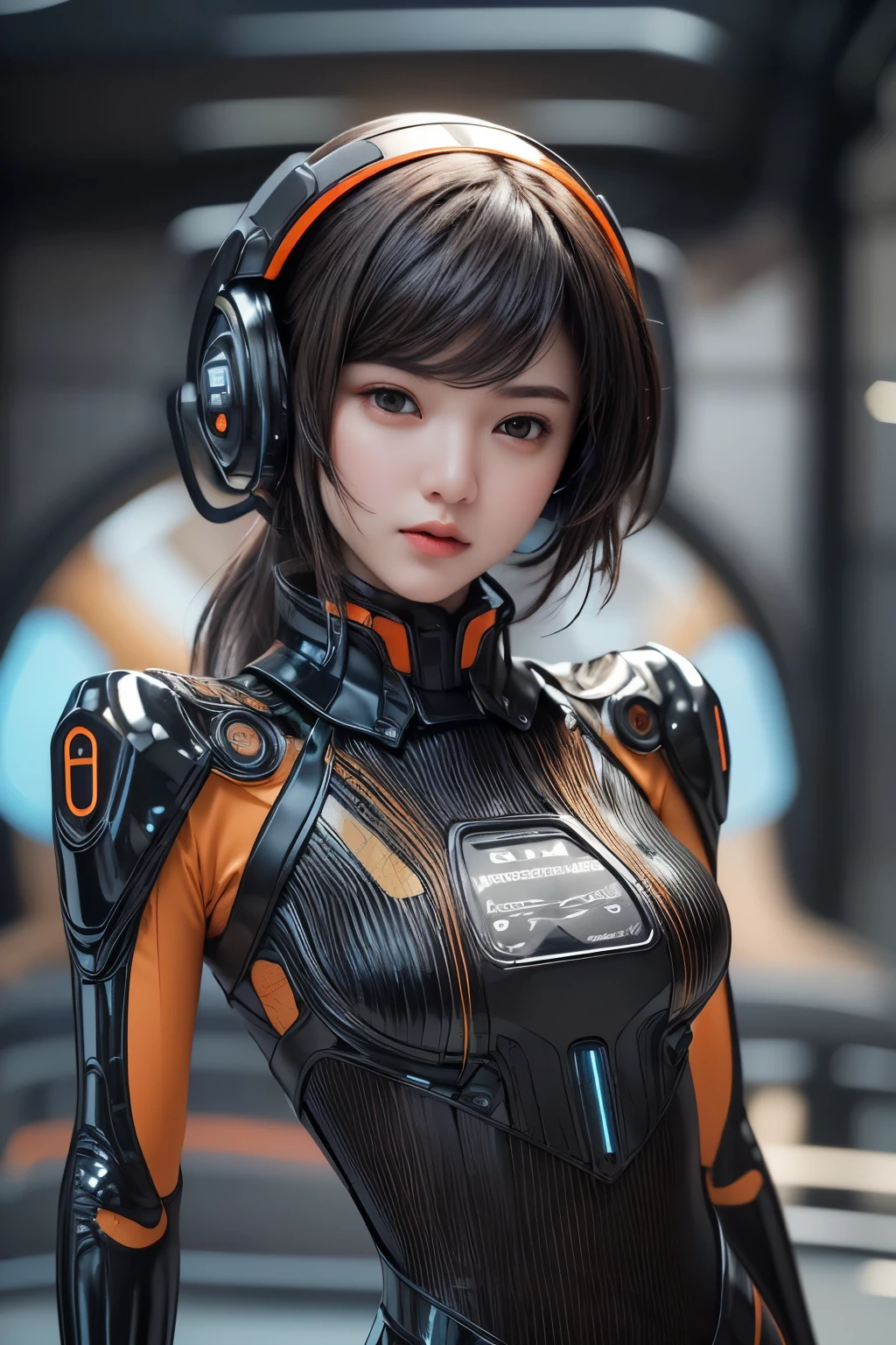 Top Quality, Masterpiece, Ultra High Resolution, (Photorealistic: 1.4), Raw Photo, 1 Girl, Black Hair, Glossy Skin, 1 Mechanical Girl, (((Ultra Realistic Details)), (realistic face: 1.2), realistic skin, Global Illumination, Shadows, Octane Rendering, 8K, Ultra Sharp, Intricate Ornaments Details, wearing Futuristic Headphone, Futuristic headgear, very intricate detail, realistic light, CGStation trend, brown eyes, glowing eyes, matte black and glossy orange bodysuit, orange lining on suit, Long hair, Ponytail hair, half body shot, spaceship bridge background, dynamic pose, she claps her hands