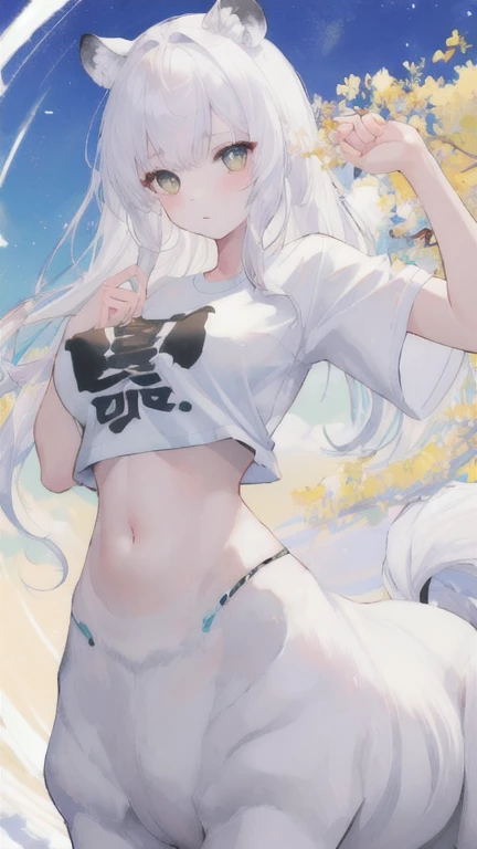(best quality, masterpiece), 1 girl, centaur, It takes,White skin,  belly button t-shirt, 아름다운 소녀 perfect white tiger photo, perfect white tiger photo