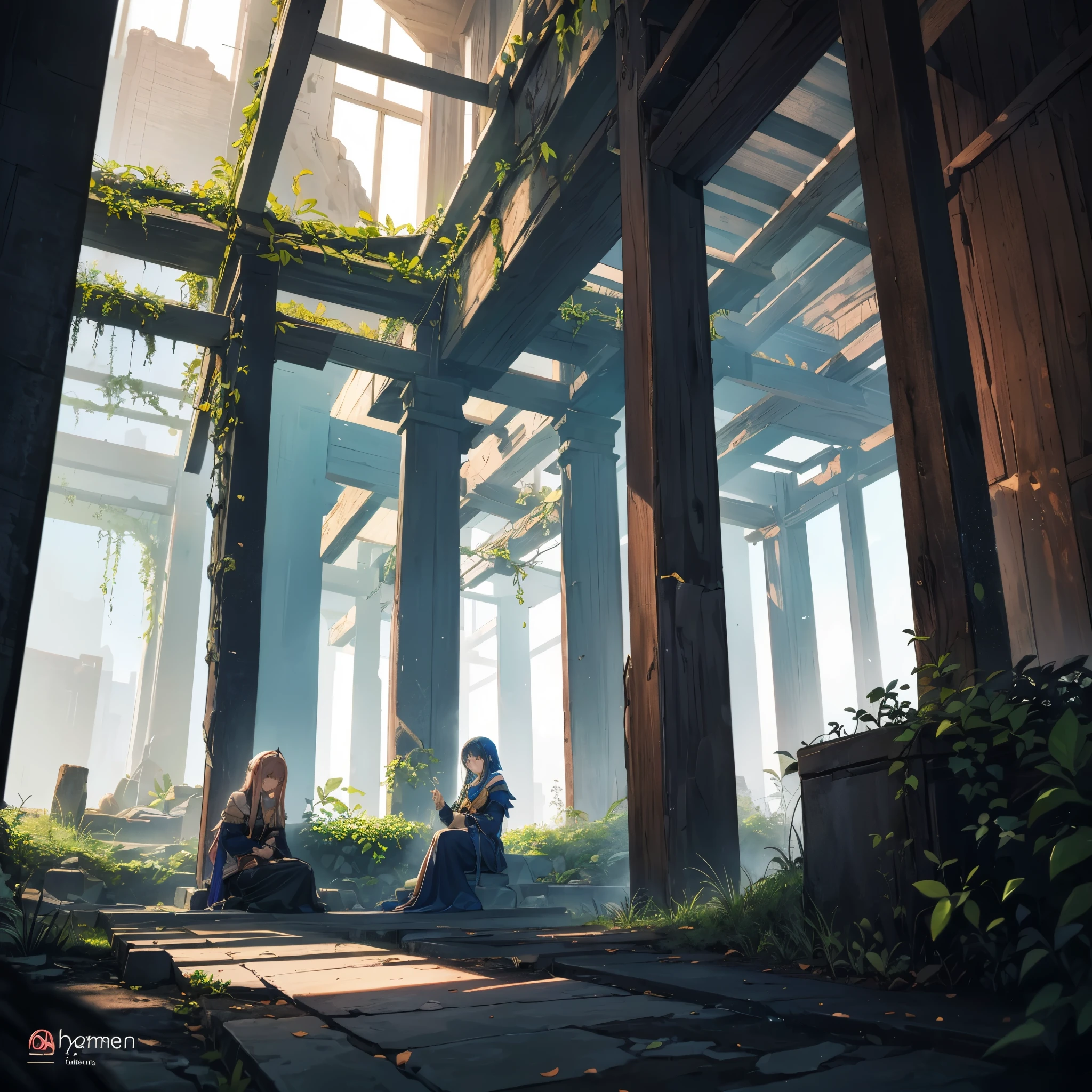 3 women in an old and abandoned place and in the middle of the place a large ancient summoner who says to summon hero was like a summoner with 8 pillars around the place is very old and around the summoner there were 3 beautiful girls the place is very old and avia 3 women