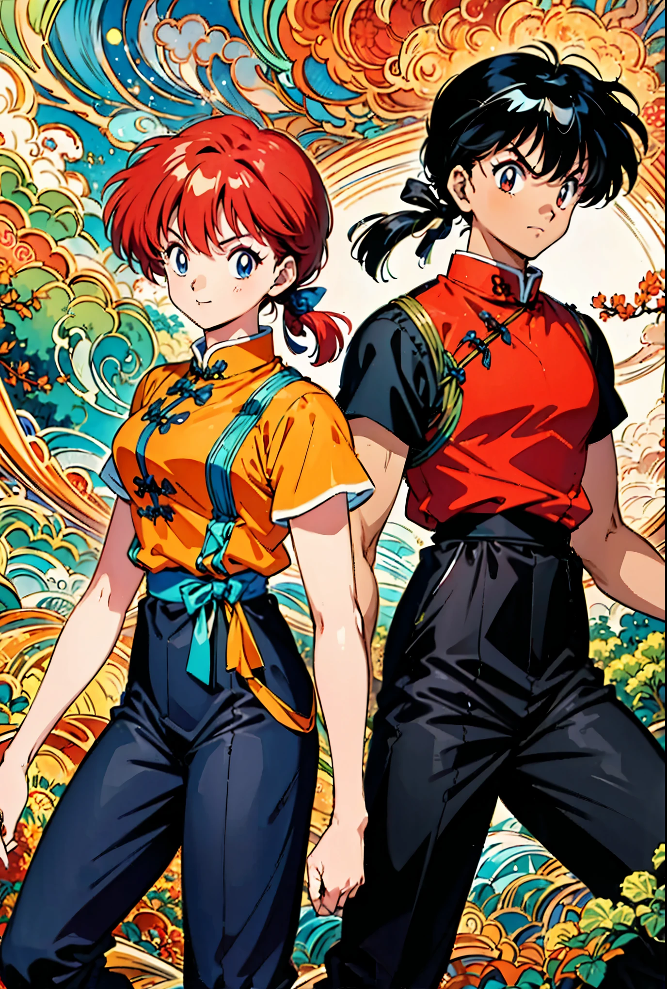 ((Two people in Chinese style: back to back)),woman,male,(ranma, ranmaw),(1 pigtail),ranma 1/2,battle pose,dynamic pose,(masterpiece:1.3),(highest quality:1.4),(ultra detailed:1.5),High resolution,extremely detailed,unity 8k wallpaper,Official Art,Perfect Anatomy,(Anime screenshots:1.11),(90s Anime,90s anime style,cell shaded anime:1.17),BREAK,ranma red shirt,BREAK,black pants,BREAK,((red haired woman)),BREAK,((Black haired man: masculine eyes and eyebrows)),BREAK,1990s \(style\),retro art style,((RanmaChan:1.52)),Chinese clothing,battle style,Looks happy,Rumiko Takahashi's painting style,chinese style background,Place Chinese goods,intricate details,very detailed,zentangle elements,Cover illustration,draw a clear line,rich colors,colorful,super fun
