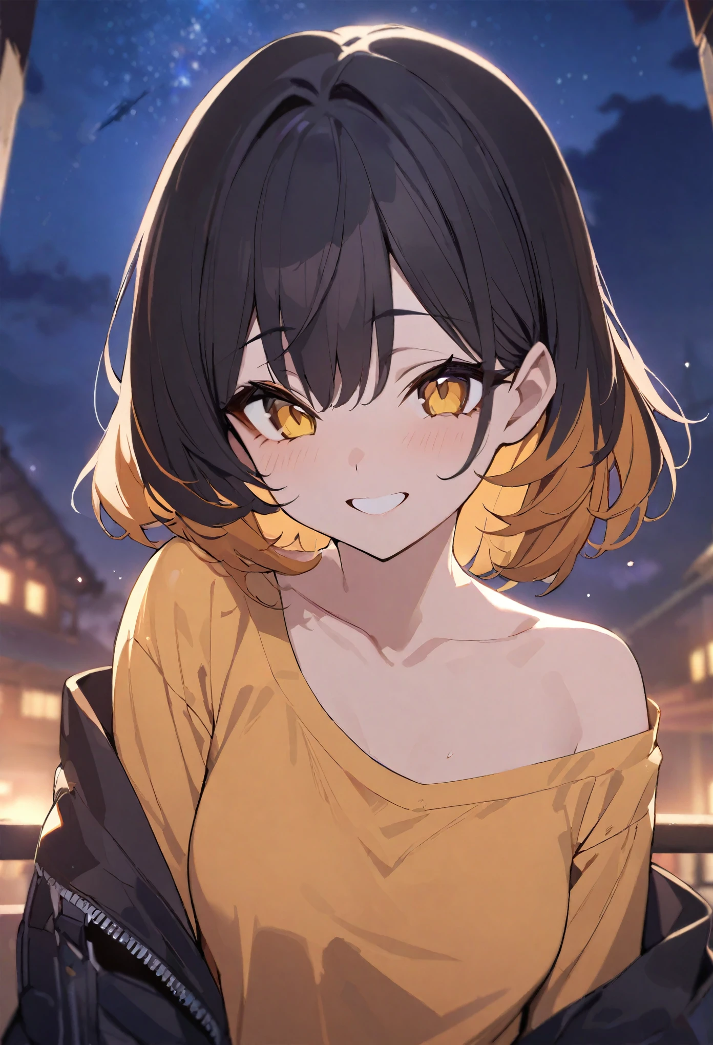 One girl、Black Hair、Medium Hair、Orange yellow hair tips、Orange yellow eyes、Big Eyes、Orange yellow shirt、Black jacket、smile、highest quality、Masterpiece、Beautiful night sky background、Ruined Background