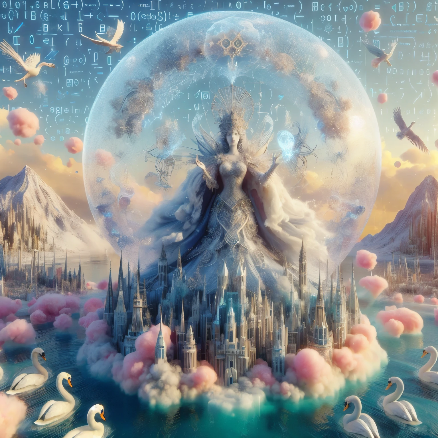 Cotton Candy Queen Women Goddess 8k Resolution Rendered Hyper Realistic Intricate Detail lives in an frosty ice bubble, a fanciful place filled with castles, cotton candy, swans lakes and fluffy clouds, An intricate visual representation of computer programing, rendered in 24k resolution with intricate details and symbols.