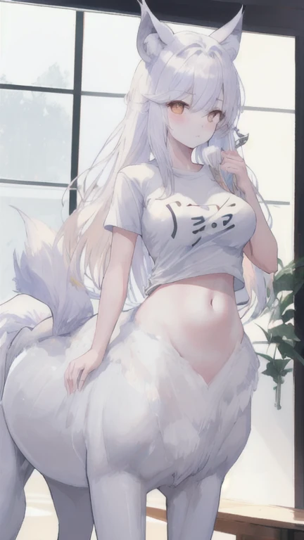 (best quality, masterpiece), 1 girl, centaur, It takes,White skin, belly button t-shirt, 아름다운 소녀 perfect wolf photo, perfect wolf photo