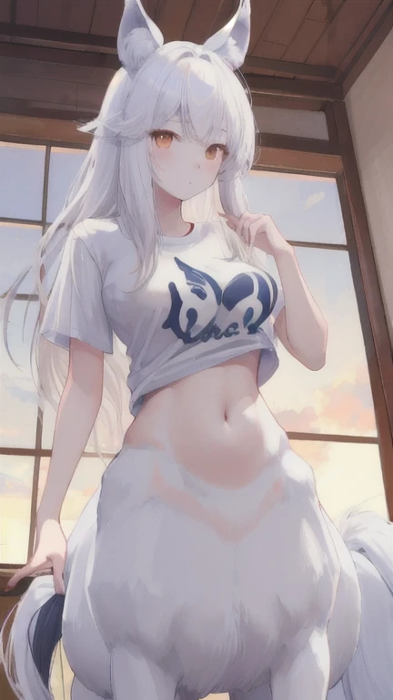 (best quality, masterpiece), 1 girl, centaur, It takes,White skin, belly button t-shirt, 아름다운 소녀 perfect wolf photo, perfect wolf photo