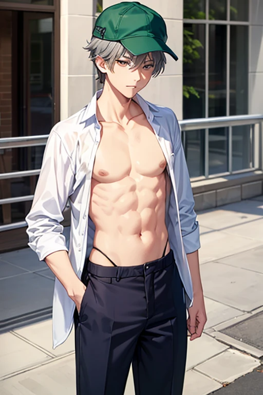 (((pixel-perfect, detail-perfect))), solo, 1boy, grey hair, white hat, jacket green, (without shirt:1.9), pants blue, sandal blue, outside