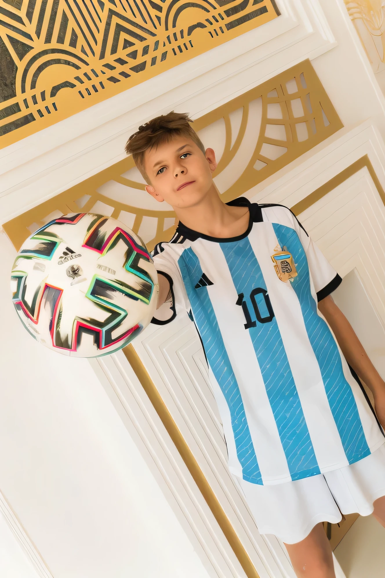 Arafed boy in football uniform holding a soccer ball, soccer player Timo Werner, inspired by Alexander Litovchenko, Port of Miwsek, Valery is back, football players Timo Werner, Diego 5, Leonid, Darius Zavadski, 13 years, Messi, inspired by Mihai Zichy, portrait in the middle of the shot