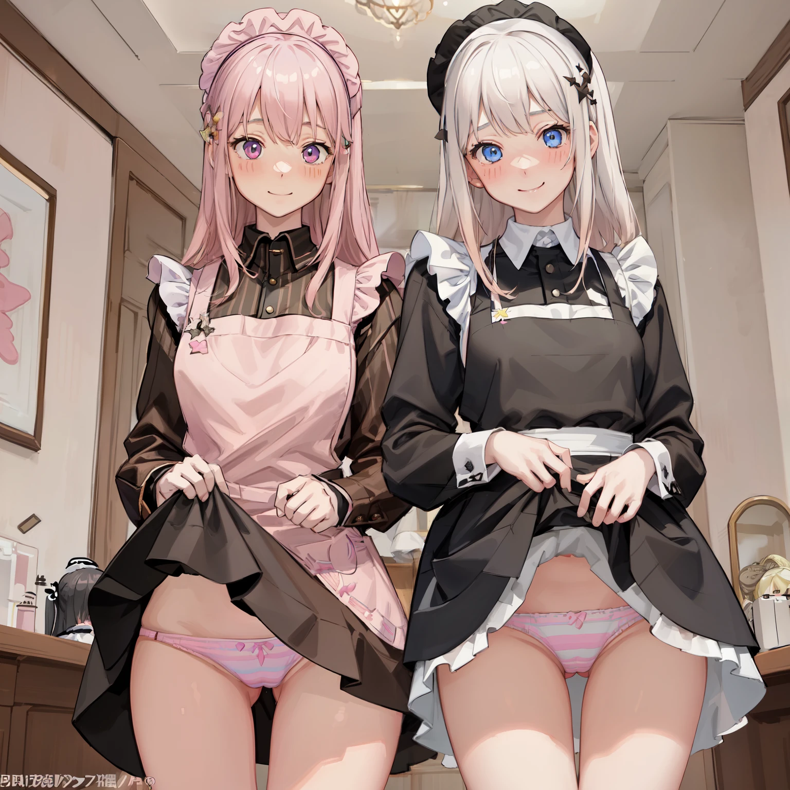 highest quality、masterpiece、((2 girls:1.5))、((smile:1.3))、(blush:1.3)、Black Shirt、blouse、((fun!!))、(Small breasts)、()、Blonde、(Long sleeve)、((White apron:1.5))、((Maid))、((hair ornaments)),、Kamimei、look at me、 ((in house:1.5))、 Taking a break from watching the audience、Cowboy Shot、(Skirt lift:1.3),(Highly detailed pink striped panties:1.3)、(Highly detailed panties:1.3)、、(スカート that rolls up:1.3)、(Panties fully exposed:1.5)、Light blue eyes、long hair、Glowing Eyes