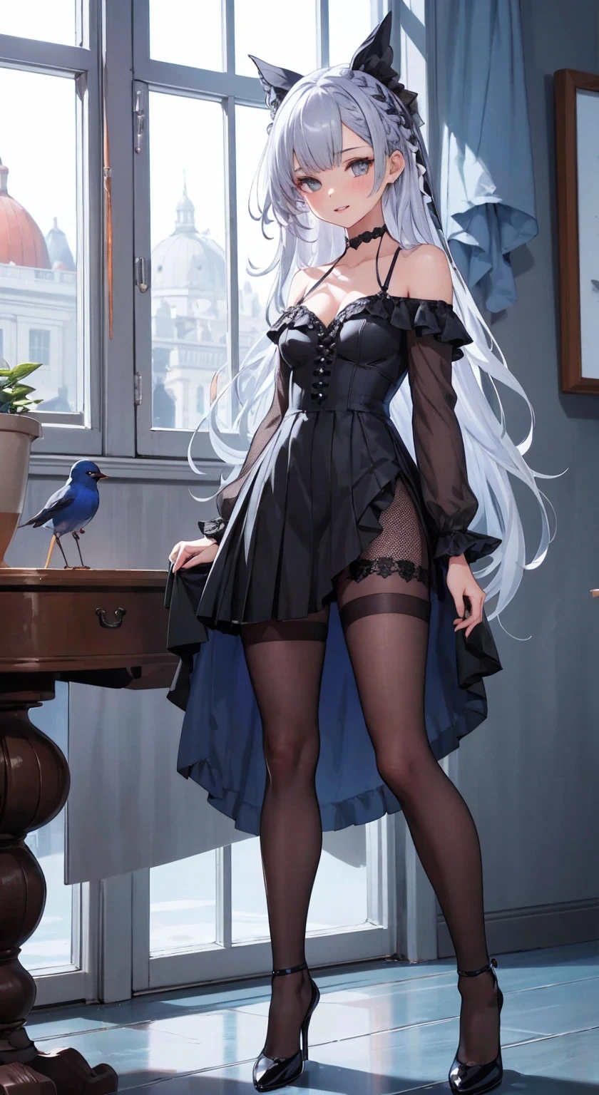 1girl, highly detailed, detailed eyes, detailed face, sunny room, masterpiece, looking at viewer, illustration, game cg, collarbone, standing, glossy lips, high heels, silver hair, long hair, argus\(azur lane\), silver_hair, medium breasts, gray_eyes, hair_clip, argusorigin, black lace stockings, small silver crown on head, legs apart, legs shoulder width apart, happy, small birds in window, spread legs