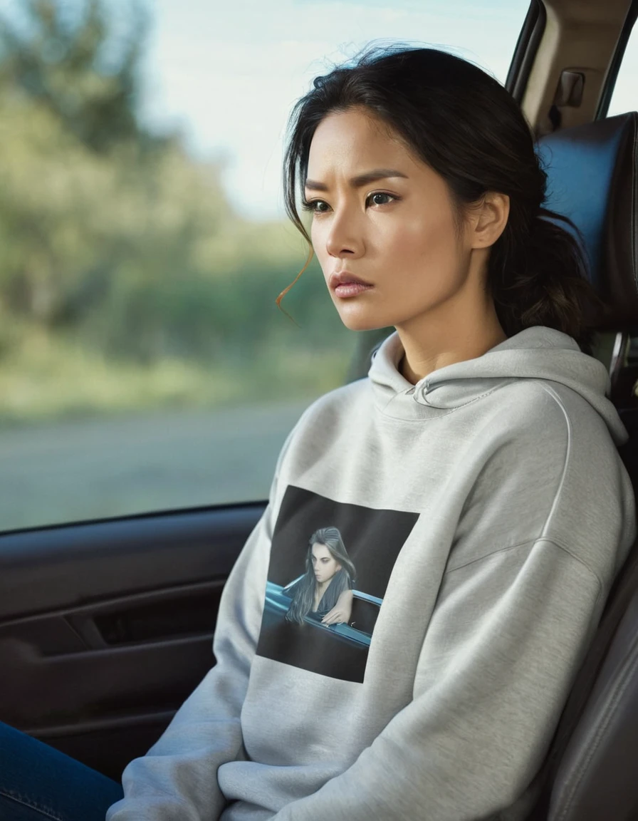 woman inside riding car, distant expression, looking towards, appearing lost in her thoughts. sweatshirt, from side